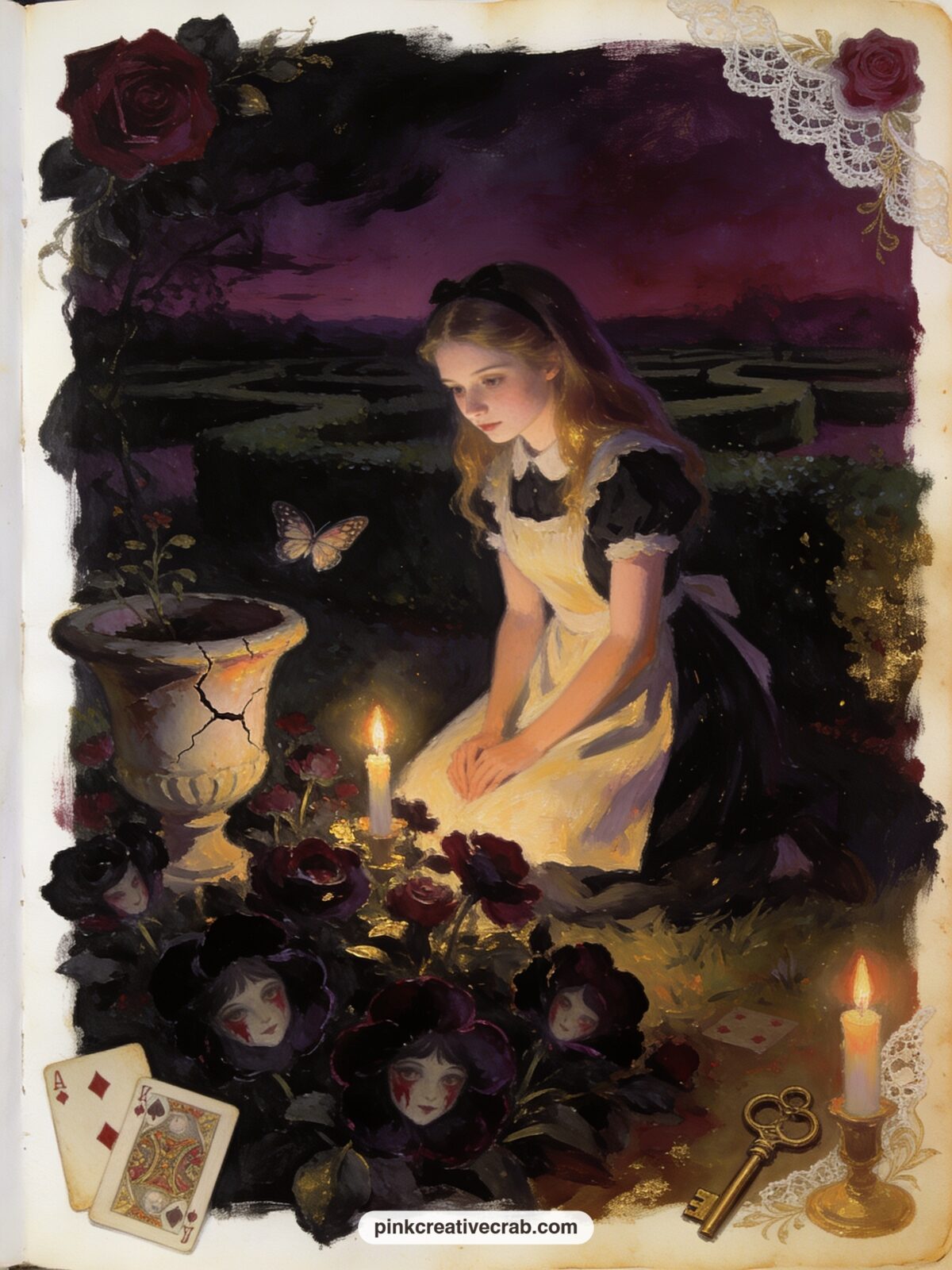 Alice And The Talking Flowers At Dusk printable page — Pair this page with the black rose and key pattern paper later in the set: use the pattern as a facing