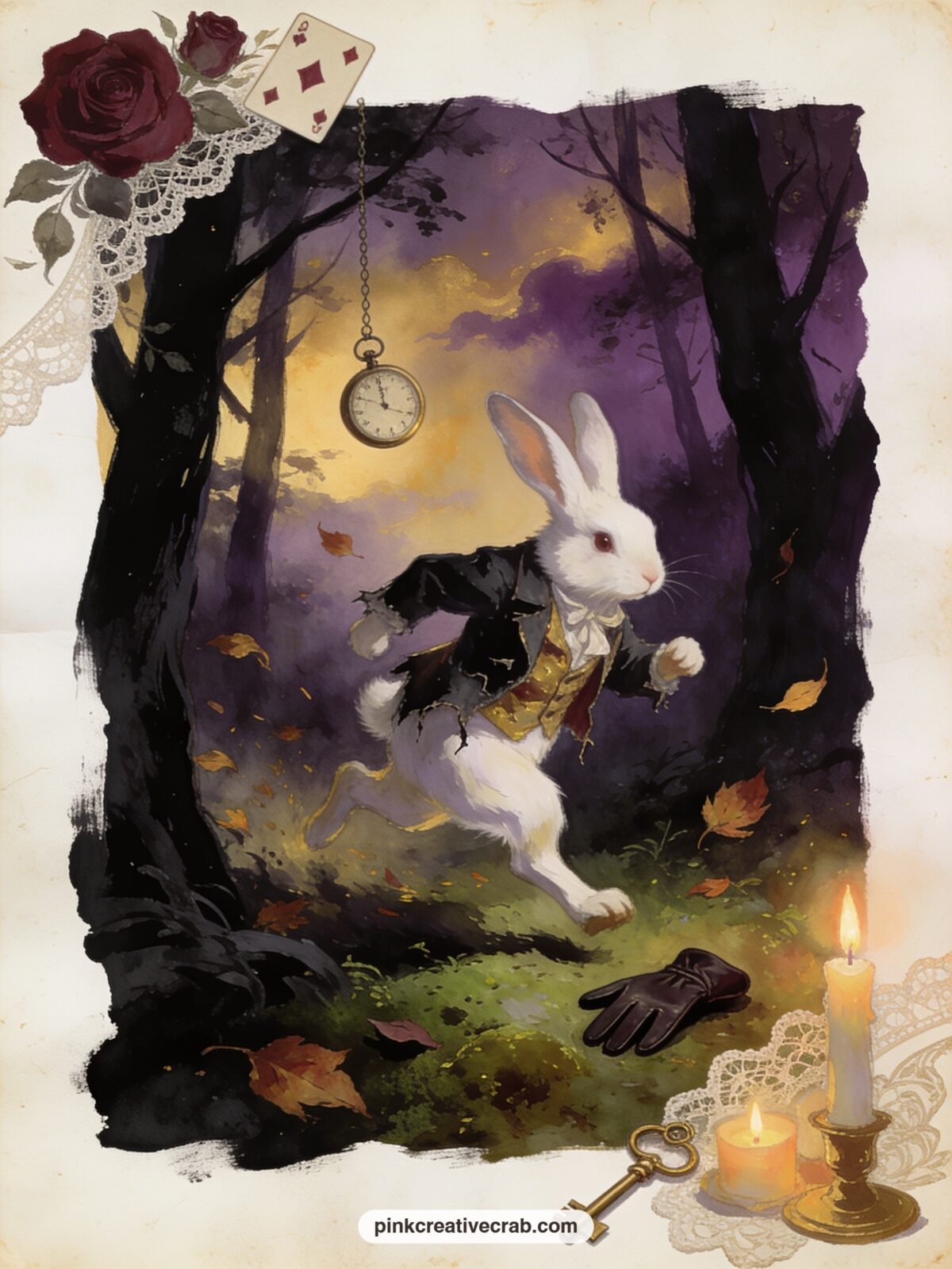 White Rabbit Fleeing Through The Trees printable page — Five minutes is enough: glue this one in as is, no trimming, no tea stain, and let the hurried pocket