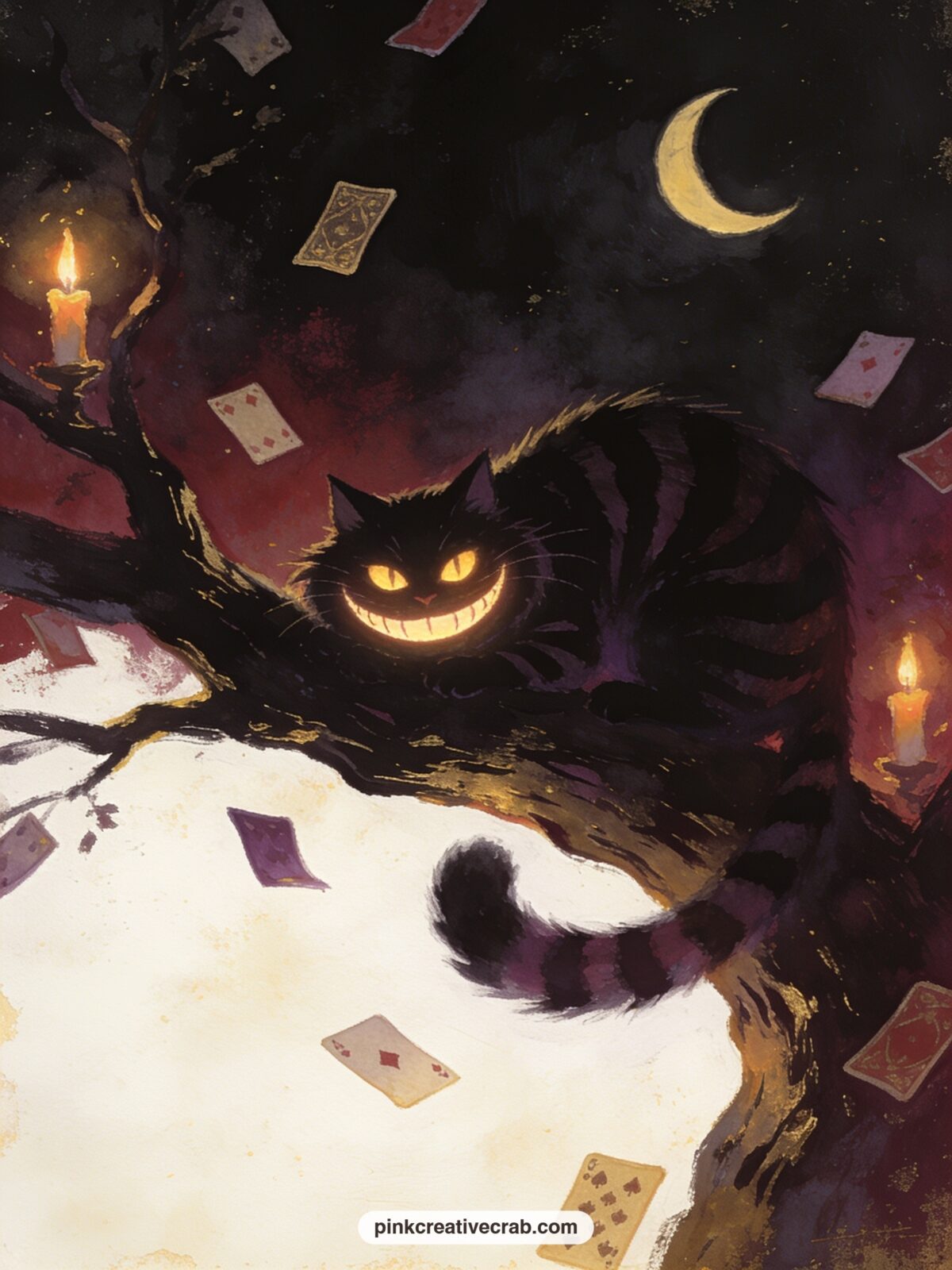 Cheshire Cat Grinning In The Dark printable page — Jot a single line beneath this one before it goes in the journal: something the cat might say, half riddle
