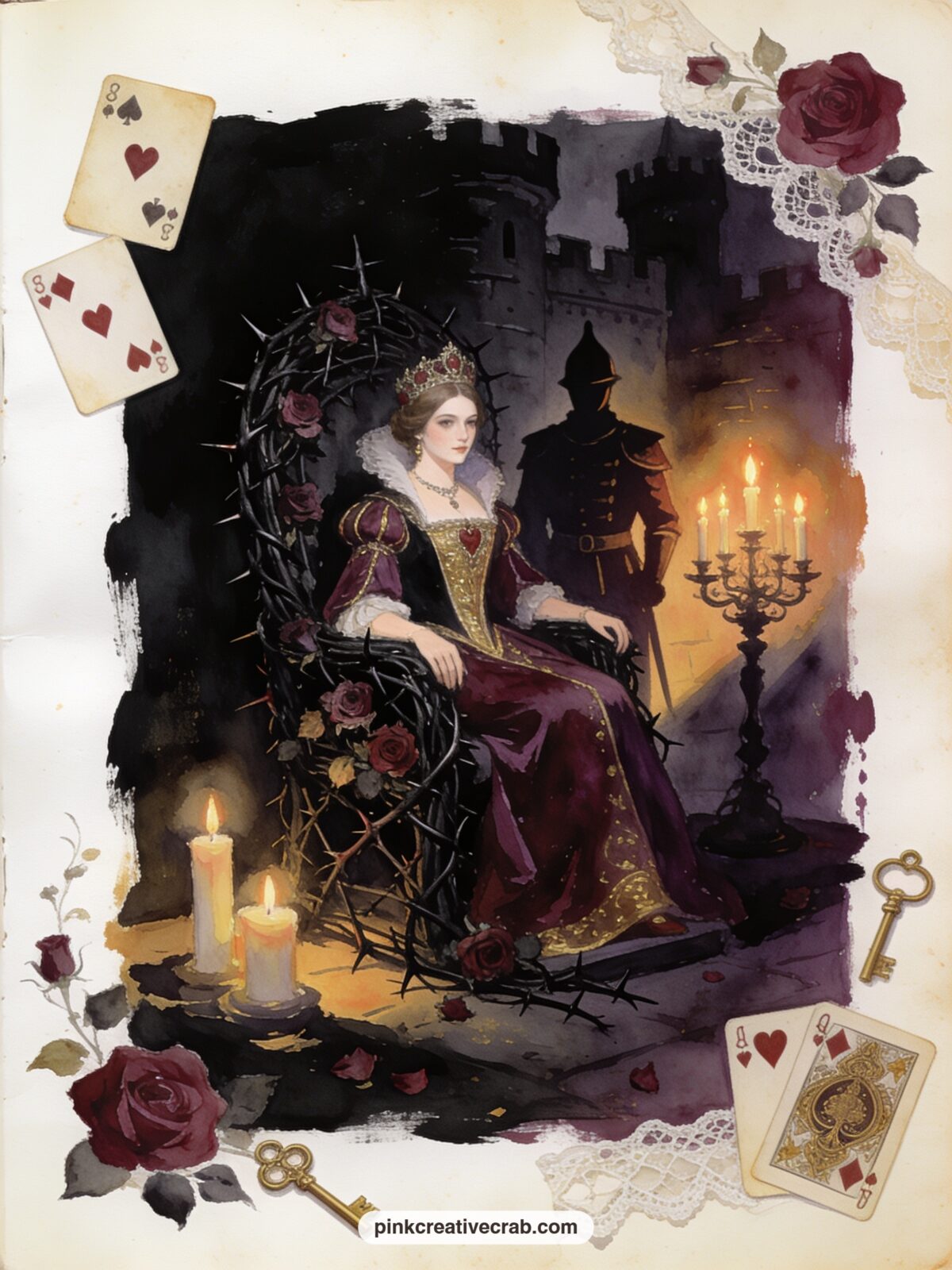 Queen Of Hearts On Her Thorn Throne printable page — The usual mistake with a throne page like this is crowding it with guards and courtiers until the Queen