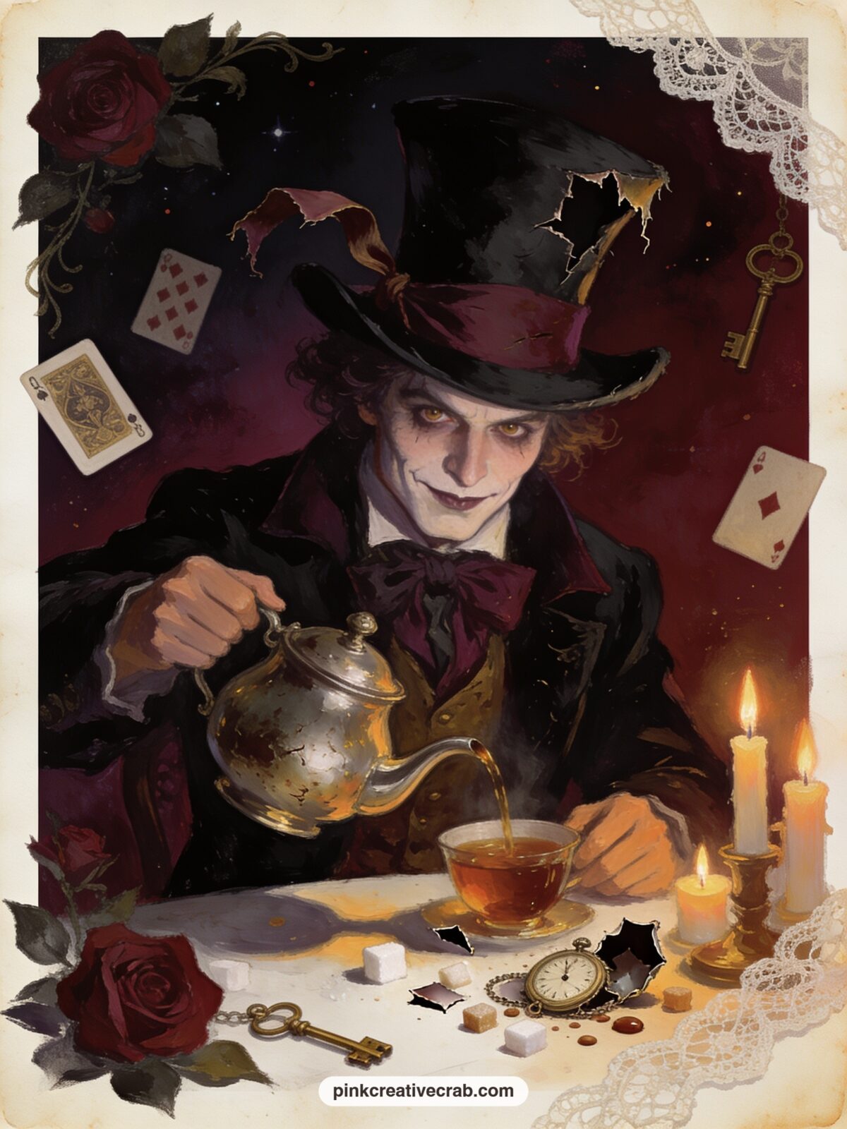 Mad Hatter Pouring By Moonlight printable page — Place this page facing the midnight tea party scene so the two tables seem to share one long candlelit spread