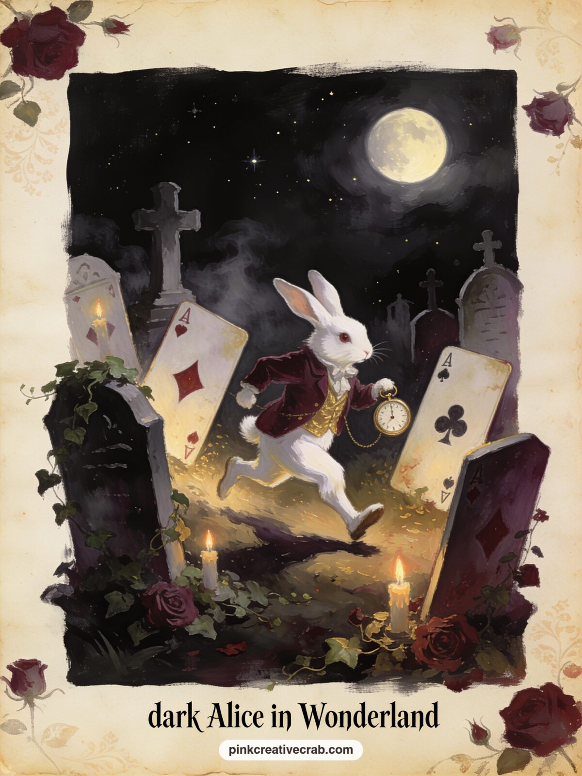 White Rabbit In The Card Graveyard printable page — A hurrying White Rabbit checks his watch while tilted gravestones shaped like playing cards lean in the