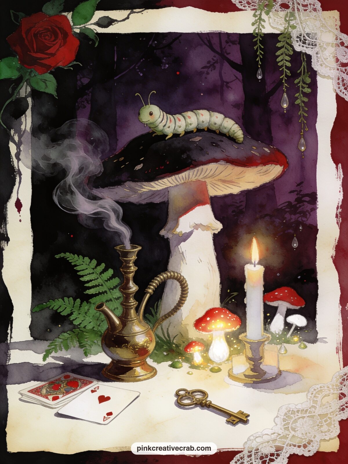 The Caterpillar On His Mushroom Throne printable page — The usual mistake here is painting the mushroom too small and losing the caterpillar in a crowd of