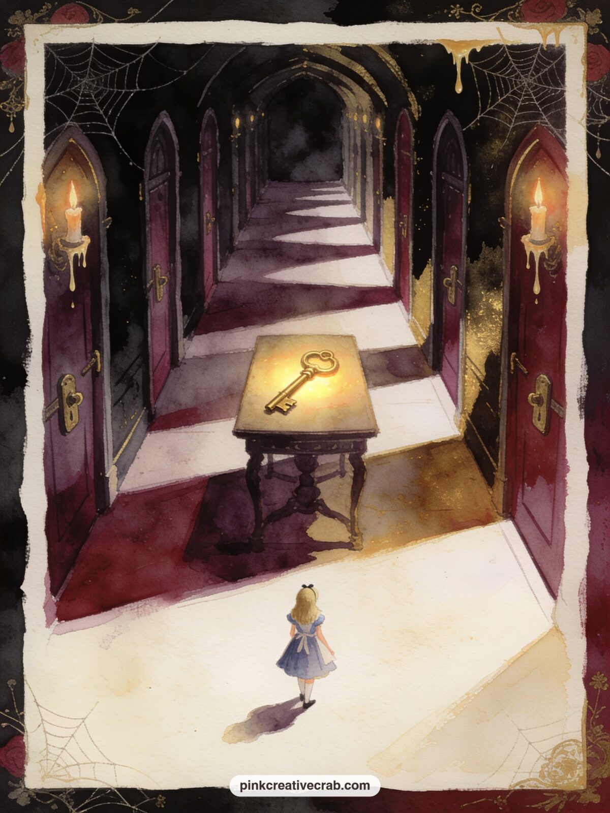 Alice Shrinking In The Dark Hallway printable page — Alice stands small against a hallway of towering locked doors, one tiny glowing key just out of reach on a