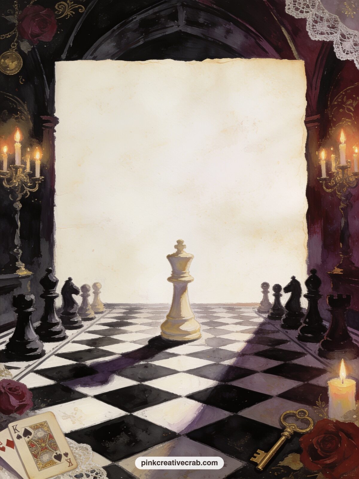 The White Queen's Chess Chamber printable page — Write the game rules you make up yourself along the border of this one: your own private Wonderland logic