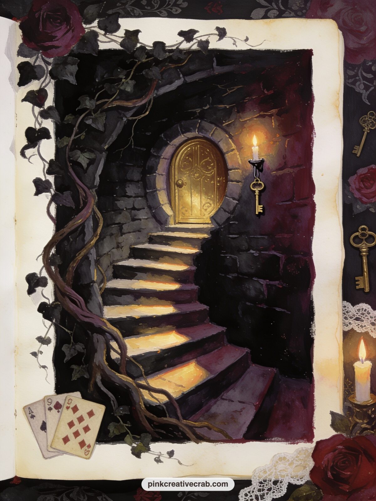 Door Into The Rabbit Hole printable page — A tiny round door glows gold at the base of a dark spiral staircase, roots and ivy creeping over the stone around