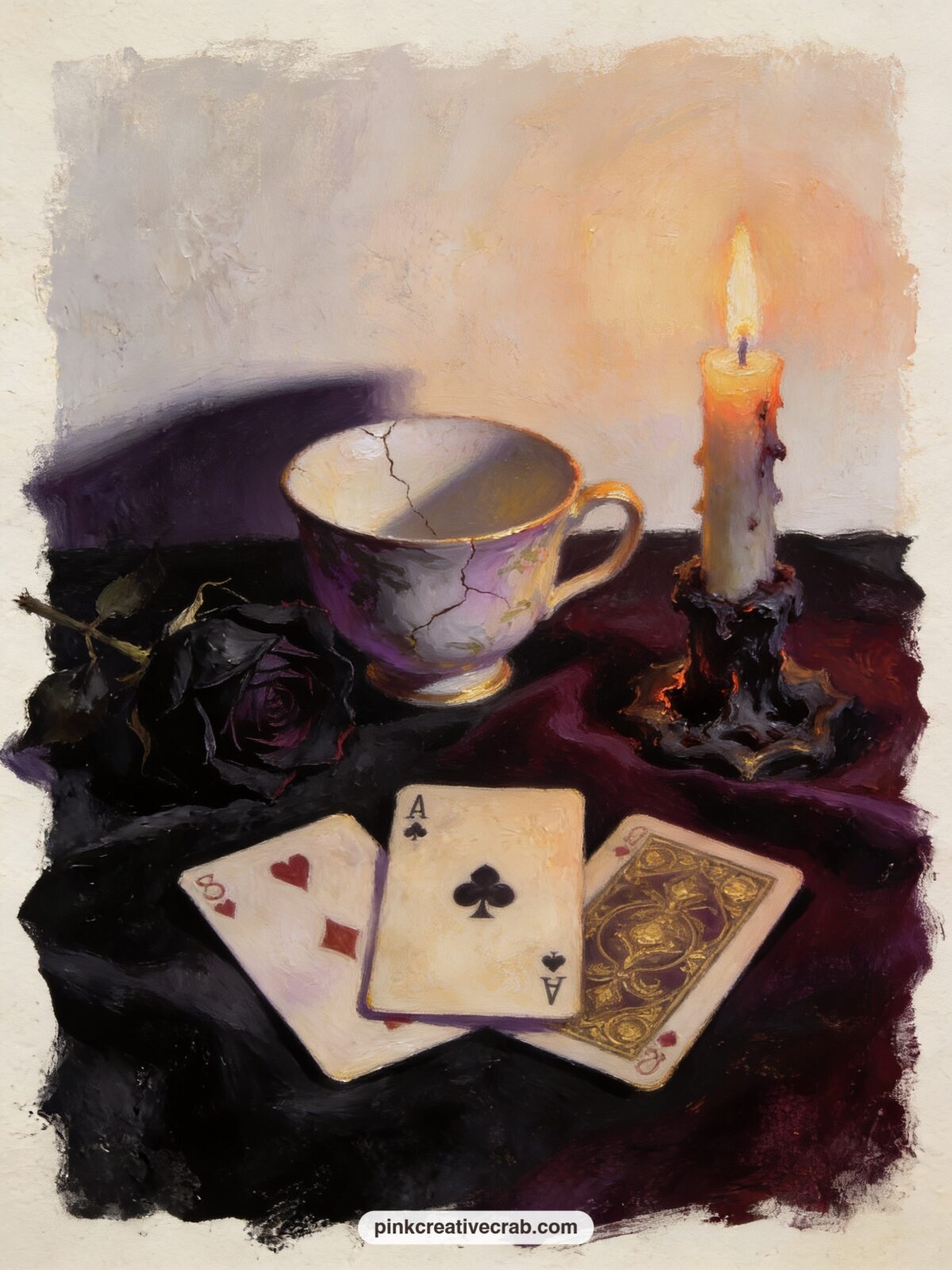 Alice's Forgotten Teacup Shrine printable page — A cracked teacup, a wilted black rose, a scattering of playing cards and a stub of burned candle sit together