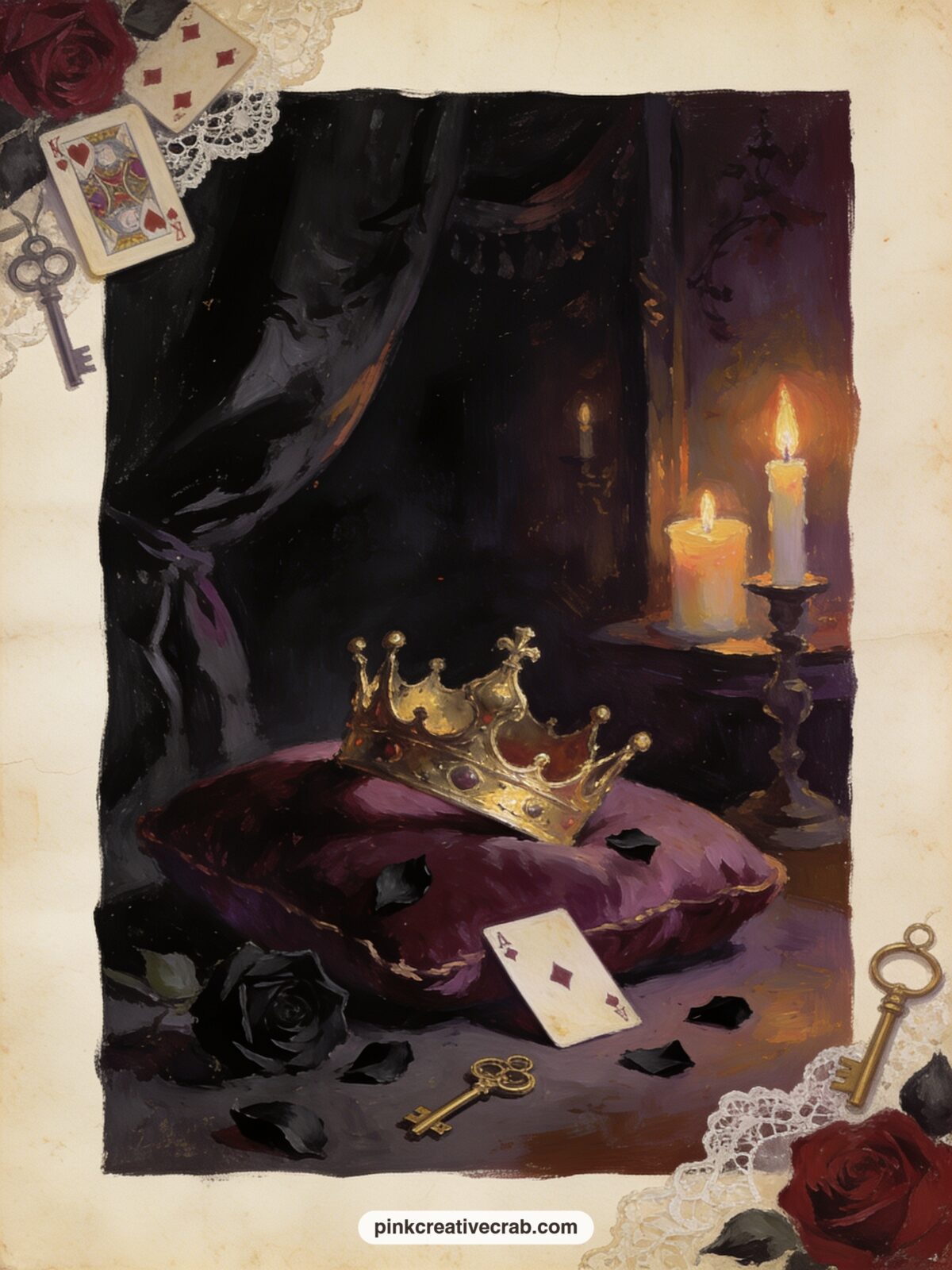 The Queen's Discarded Crown printable page — Tuck a torn strip of red ribbon behind this page before it goes in the journal, something that could have fallen