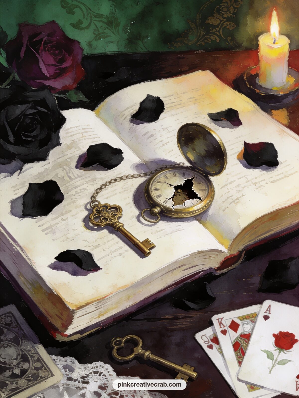 Mirror Key And Pocket Watch printable page — Place this relic page beside the White Queen's chess chamber scene so the small golden key on the table seems to
