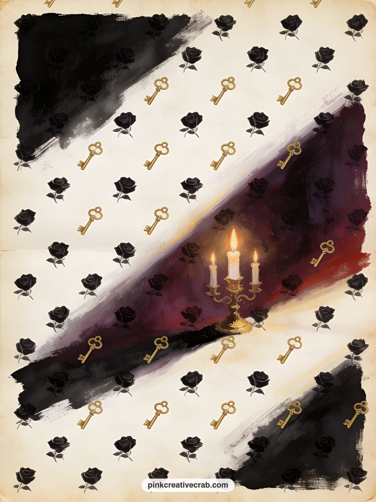 Black Roses And Keys Pattern printable page — Small black roses and antique gold keys repeat in a quiet diagonal rhythm across burgundy and plum, suited to a