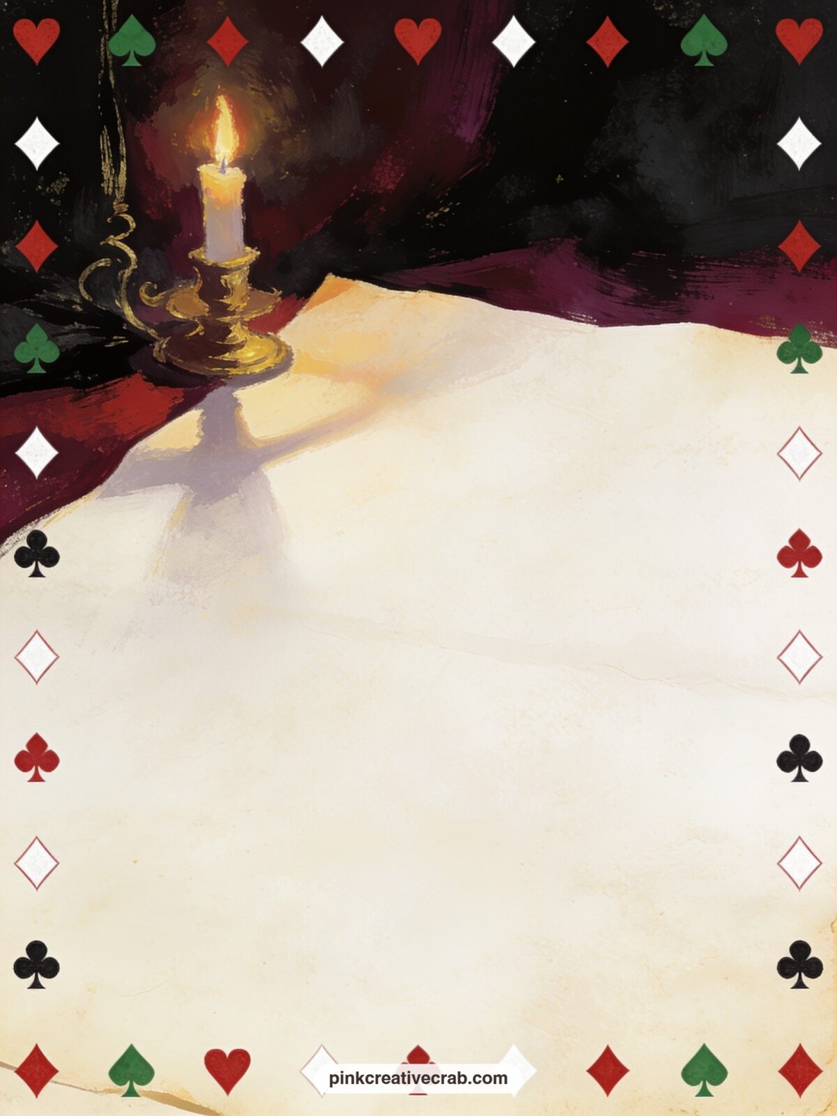 Playing Card Suits Pattern printable page — Scattered hearts, spades, clubs and diamonds in muted gold and burgundy tile the page evenly, ready to line a