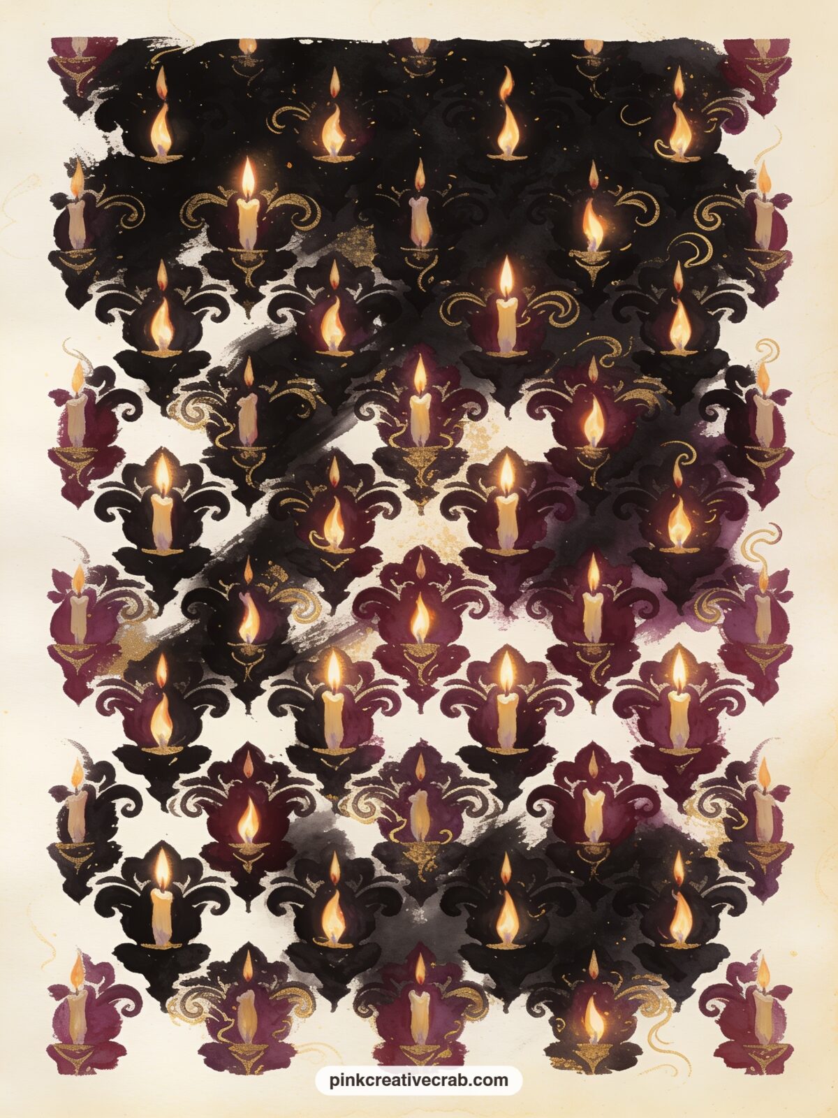 Candle Flame Damask Background printable page — A formal damask of candle flames and curling smoke in deep plum and antique gold suits a journal cover or a
