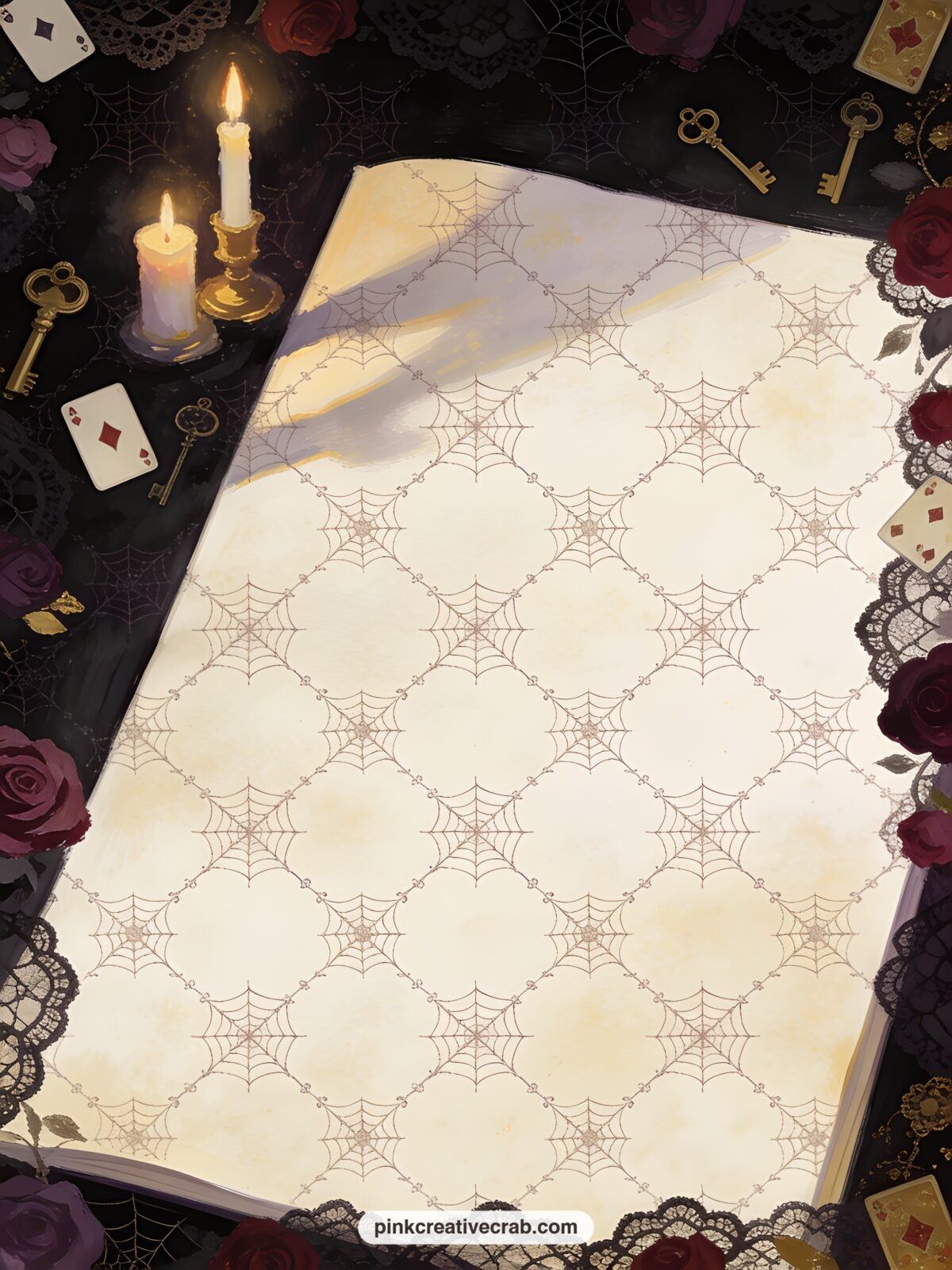 Spiderweb Lace Background printable page — Fine spiderweb lace in dark thread spreads corner to corner over aged cream, a quiet choice under a photo or as the