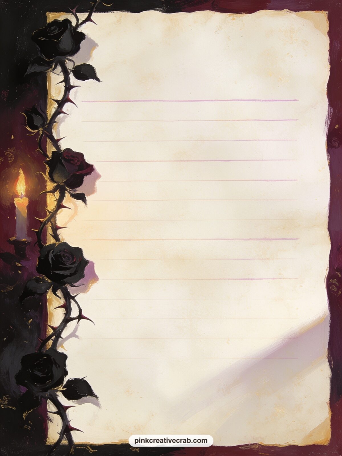 Thorned Rose Border Lined Page printable page — A trail of thorned black roses twists down the left edge of this page, leaving the ruled lines free for a gift