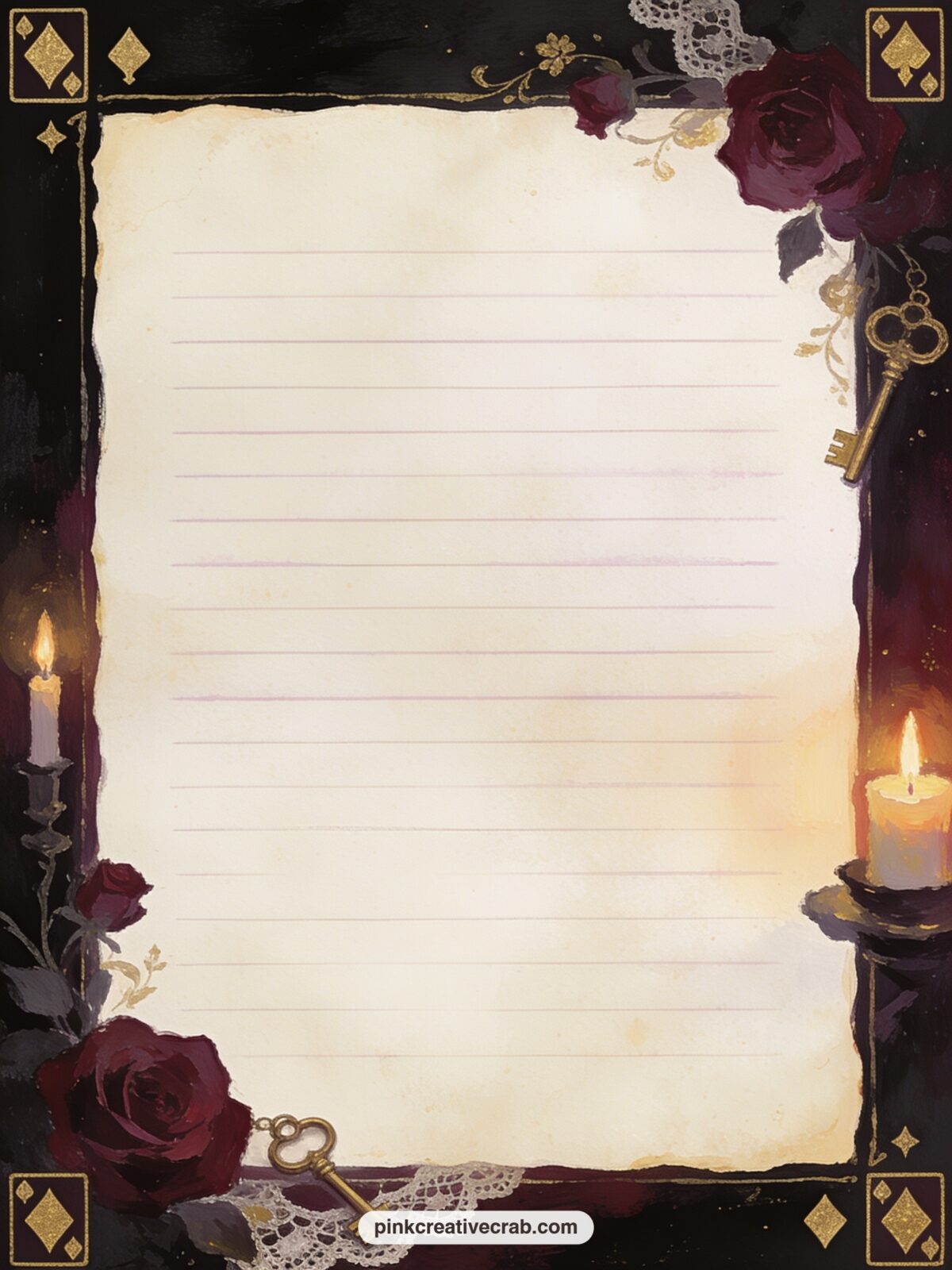 Playing Card Corner Lined Page printable page — Small gilded playing cards rest in each corner while the center stays open for a party menu, a guest list for a
