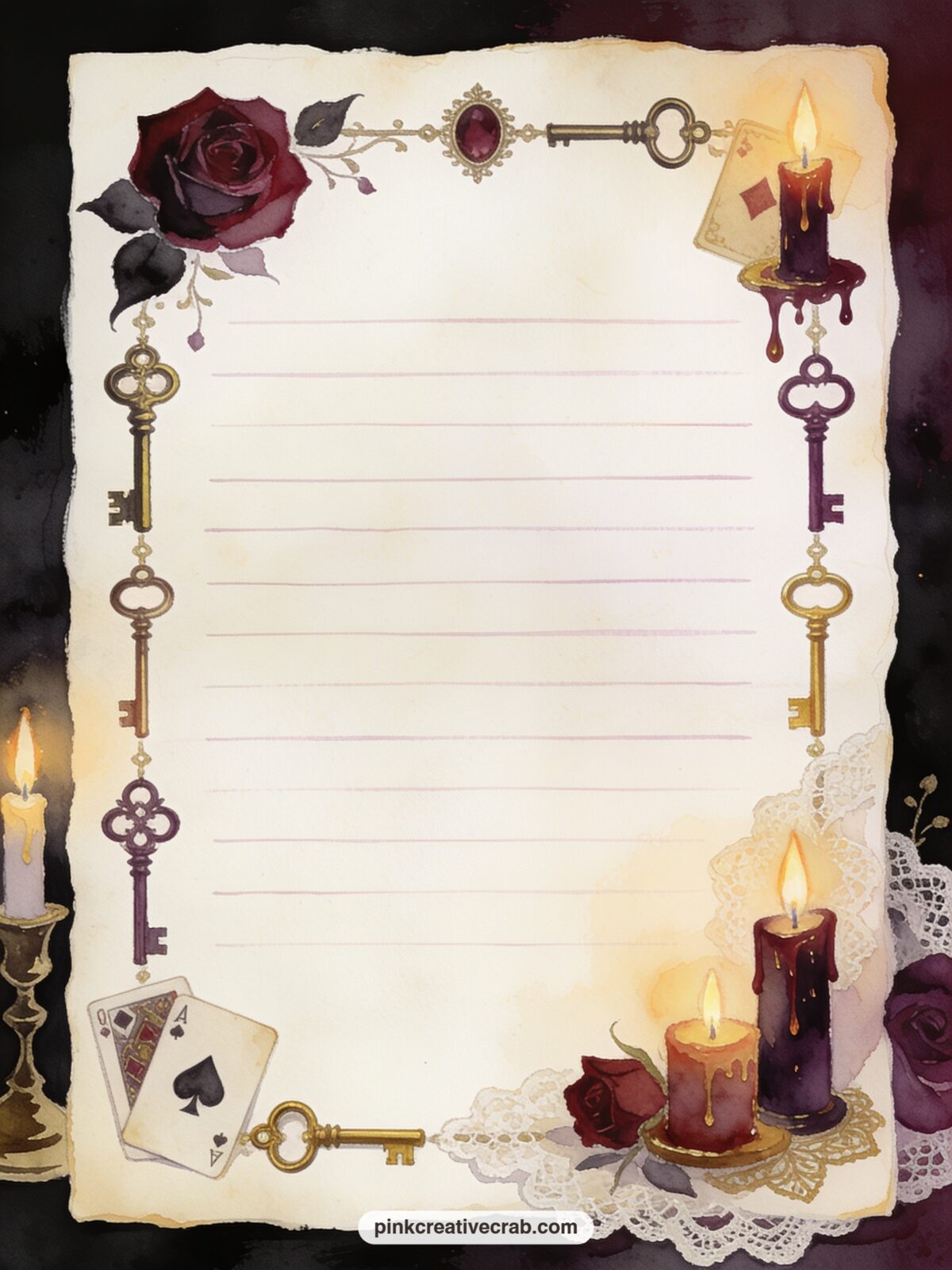 Key And Candle Frame Lined Page printable page — A thin frame of antique keys and melting candles runs around the full border, leaving room inside for a
