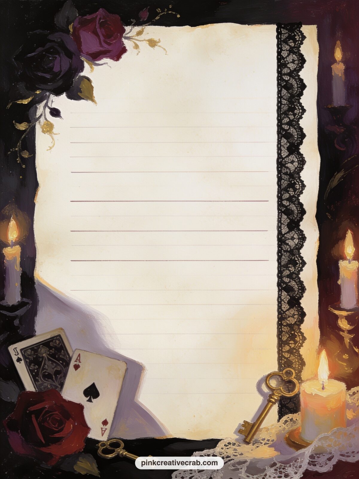 Black Lace Band Lined Page printable page — A narrow band of black lace trim runs down the right side of the sheet, well suited to a recipe for something