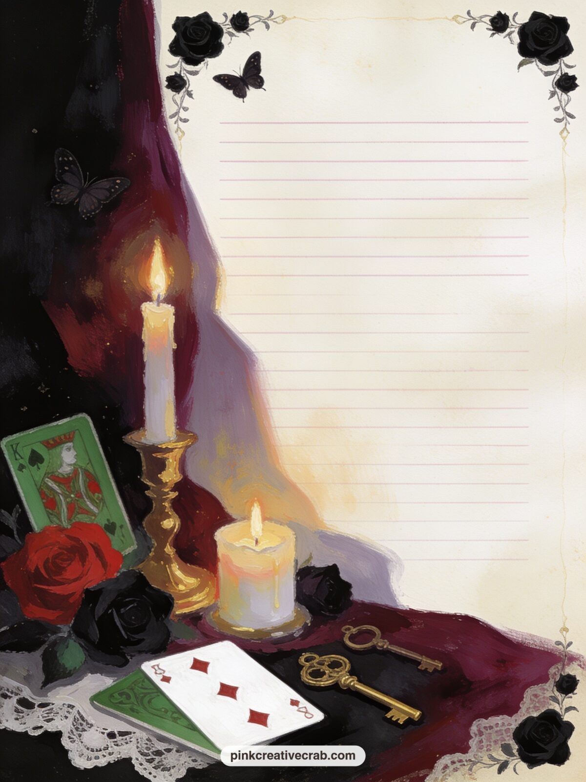 Moth And Rose Spray Lined Page printable page — Small corner sprays of dark moths and roses mark each corner of the page, leaving the center clear for a letter