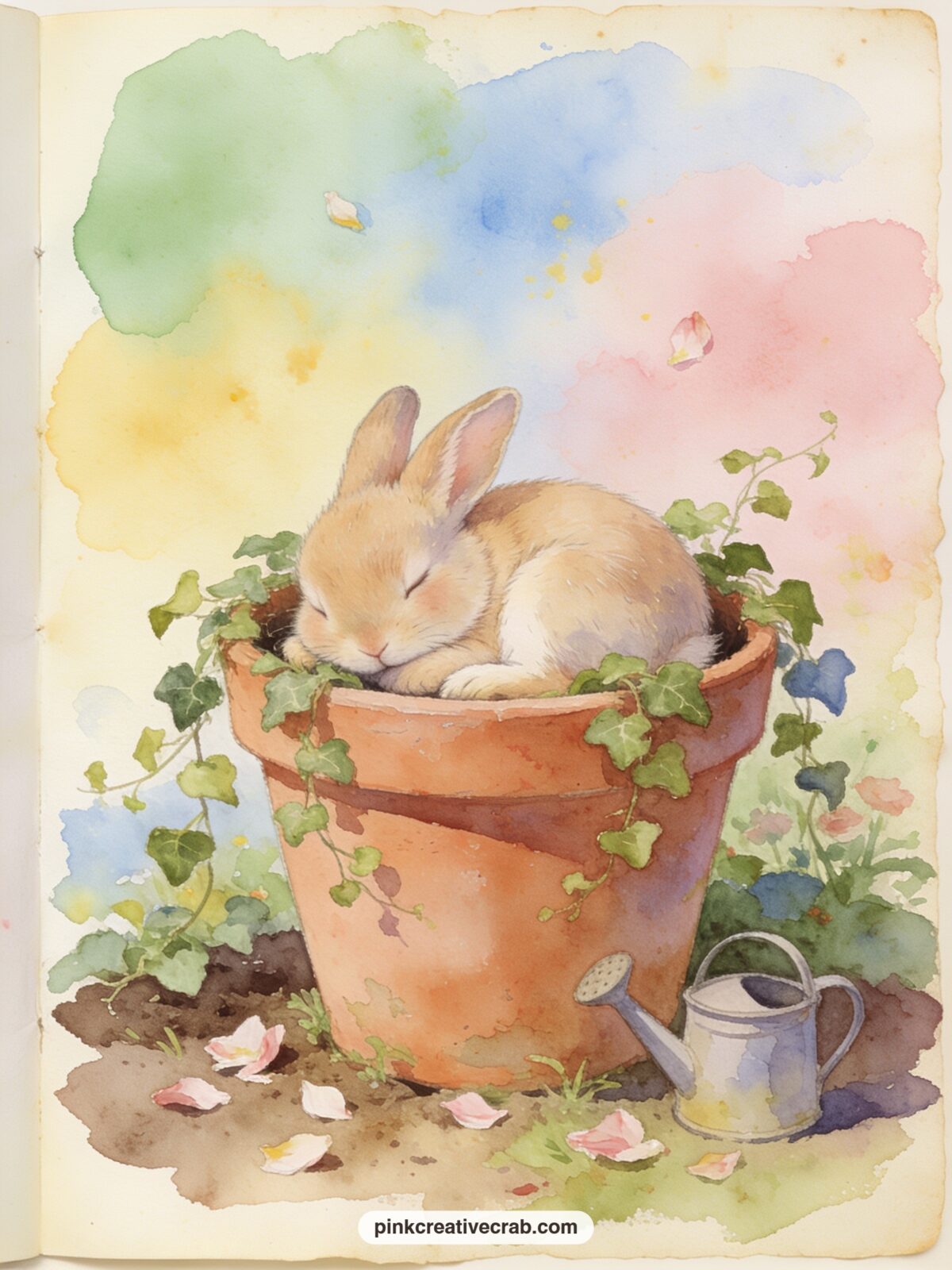 Peter Napping In A Flower Pot printable page — Peter curls up fast asleep inside a large terracotta flower pot, tucked among trailing ivy and a few fallen