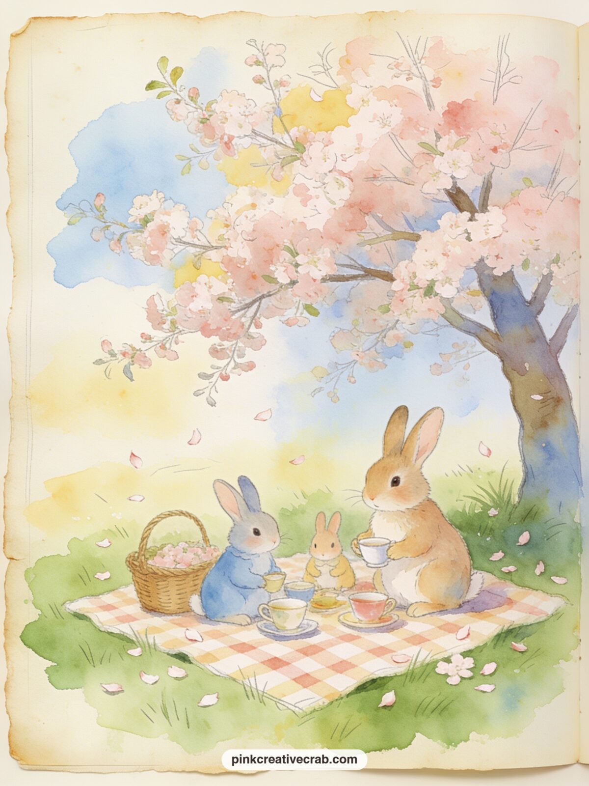 Bunny Family Picnic Under Blossom Tree printable page — Tuck a small handwritten recipe card for the picnic basket treats right onto this page, a carrot cake