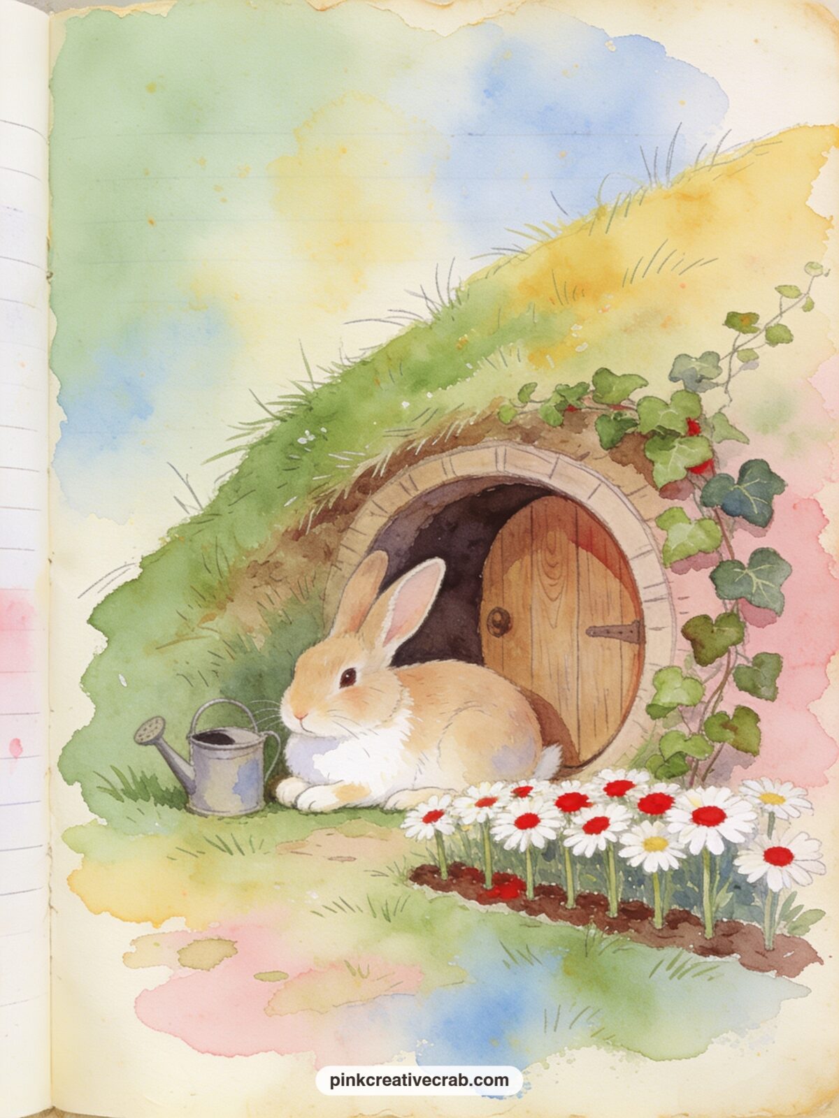 Peter Resting By The Burrow Door printable page — Peter leans against the round wooden door of the family burrow with his paws folded, a watering can and a row