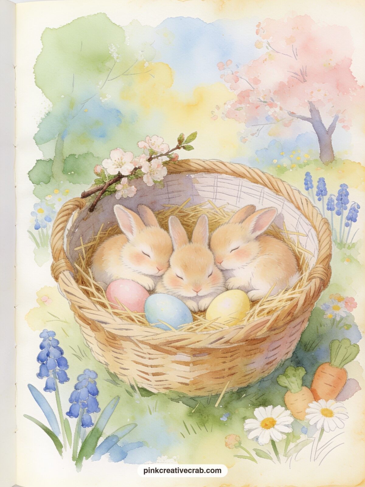 Baby Bunnies In A Basket Of Eggs printable page — Give this one to the newest member of the family, the baby the whole journal is for, and write the date of