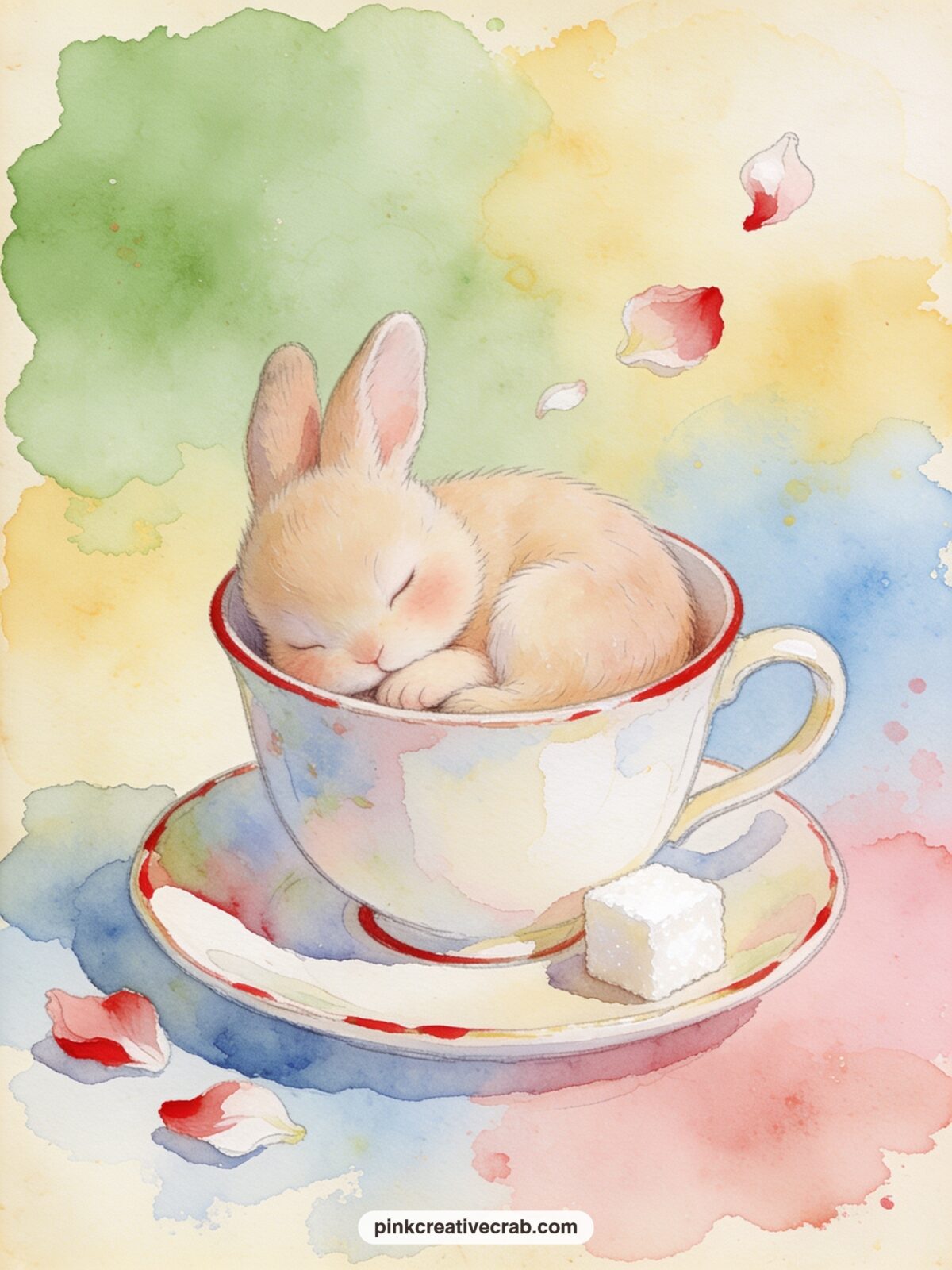 Bunny Asleep In A Teacup printable page — Pair this page with the Daisies And Baby Carrots pattern a few sheets along, using the pattern as a facing page so