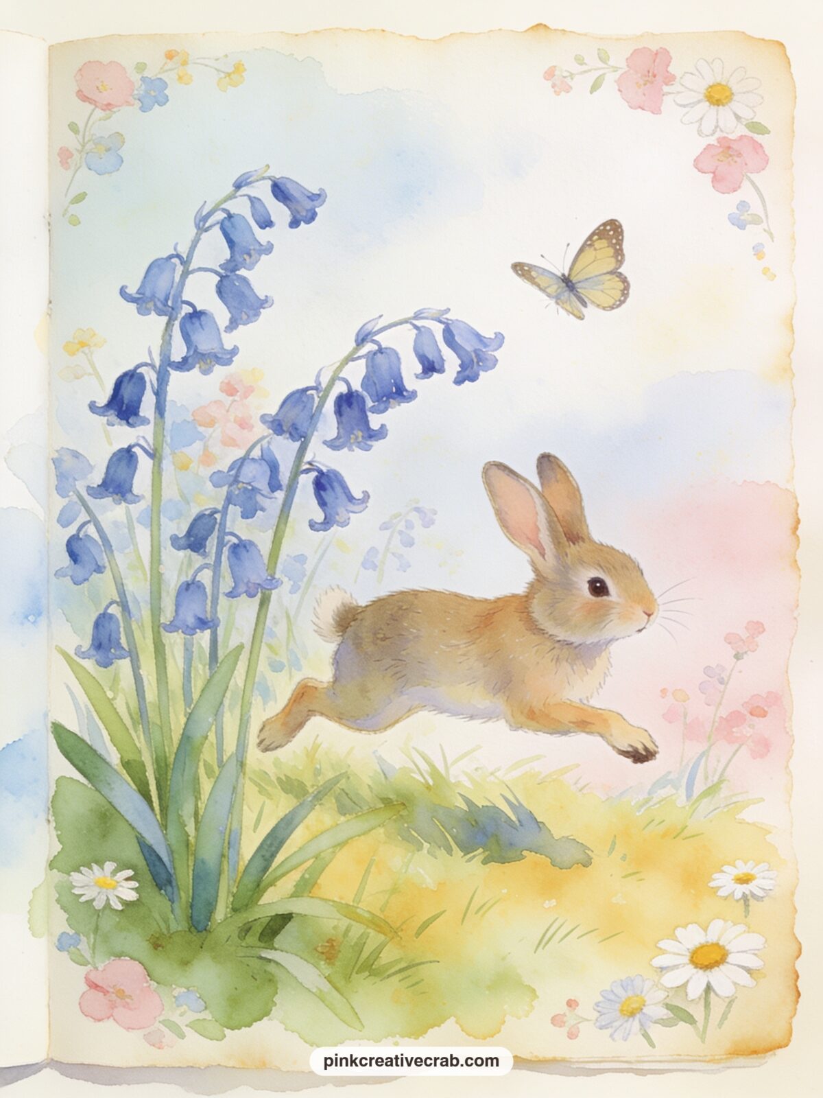 Peter Chasing A Butterfly Through Bluebells printable page — Peter bounds through a patch of tall bluebells with his ears flying back, chasing a pale yellow