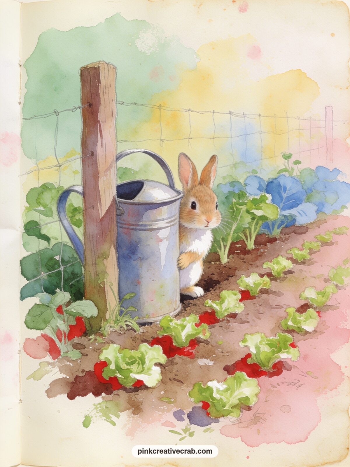 Peter Hiding Behind A Watering Can printable page — The usual mistake with a hiding scene like this is making it too empty, just one rabbit and blank paper, so