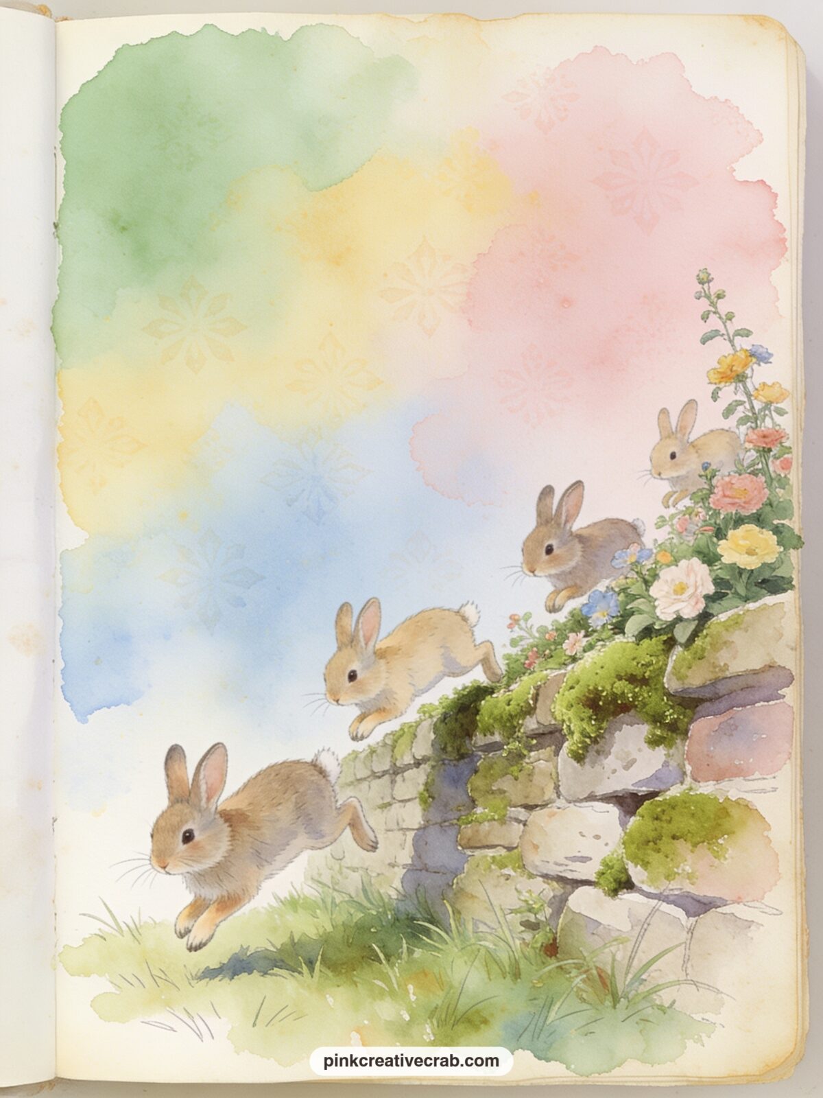 Bunnies Hopping Over A Garden Wall printable page — Write a short list of the garden's spring arrivals on this page, the first crocus, the first robin, the