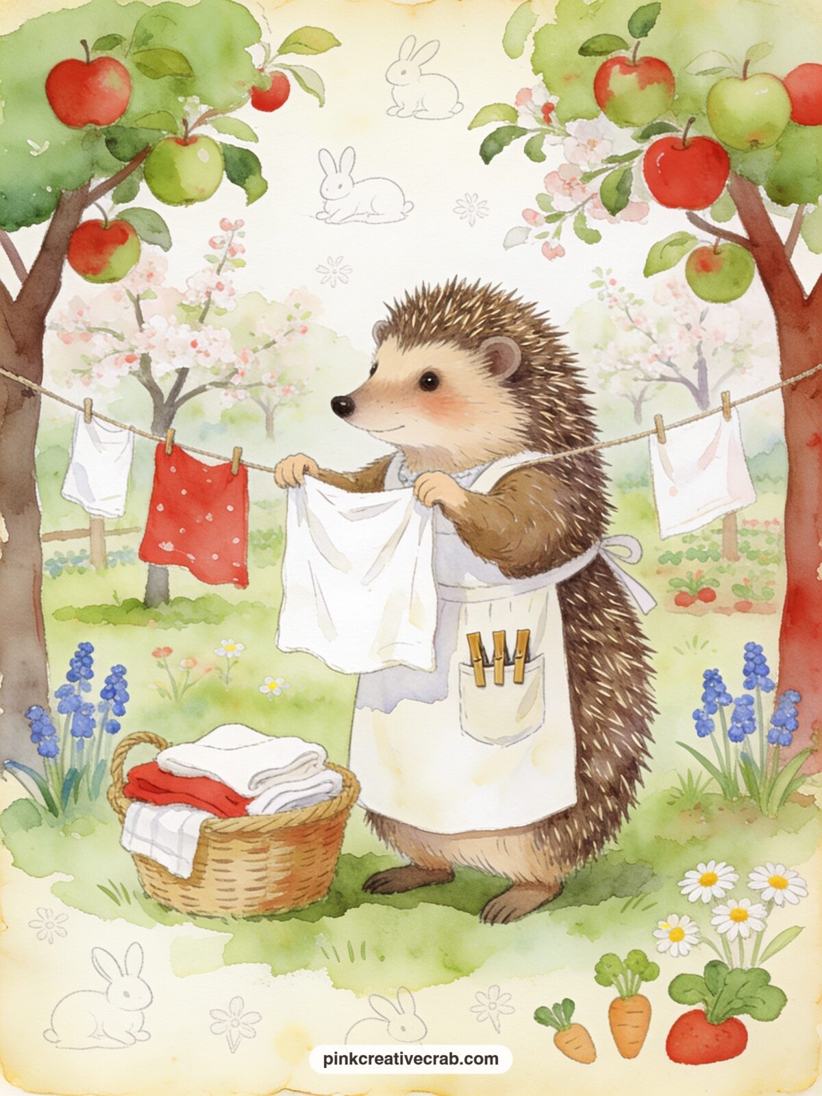 Mrs Tiggy Winkle Hanging Laundry printable page — Mrs Tiggy Winkle pins small linens to a line strung between two apple trees, her apron pockets full of