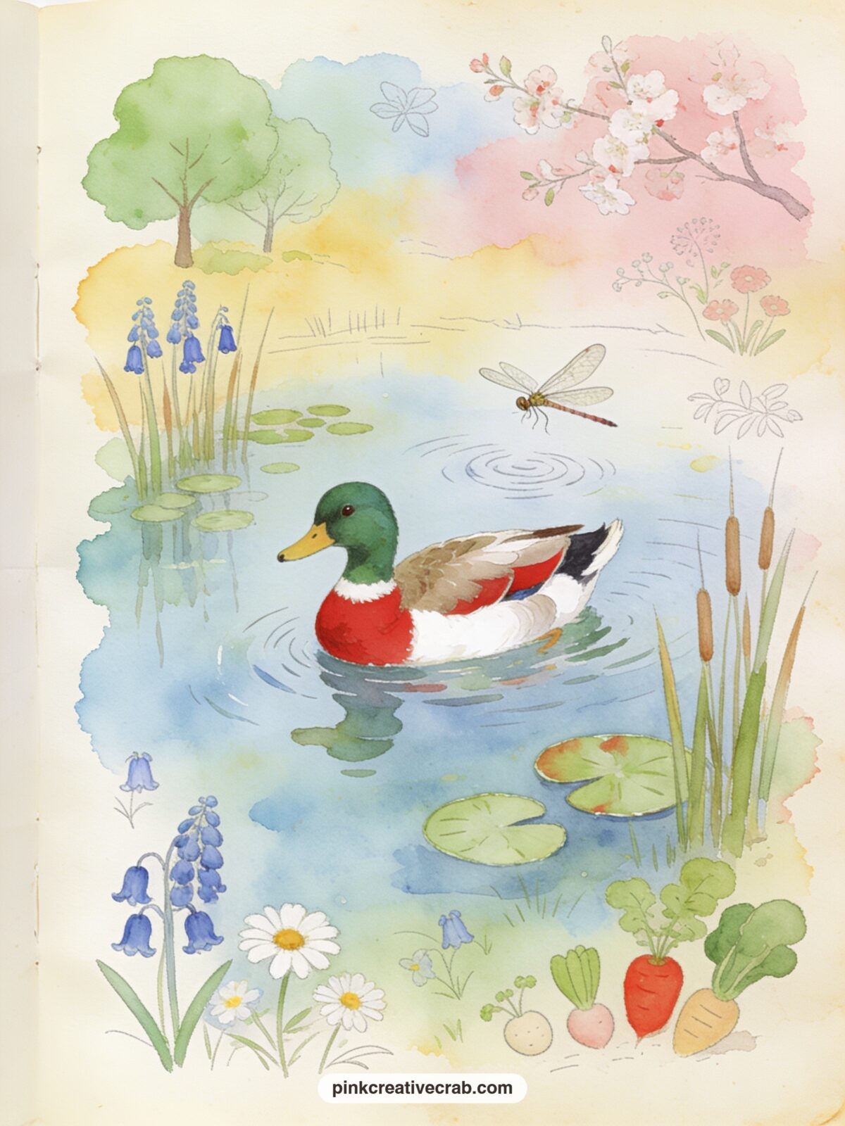 Jemima Puddle Duck By The Pond printable page — This page suits a grandmother building the journal, since it slows the pace down with a quiet pond scene rather