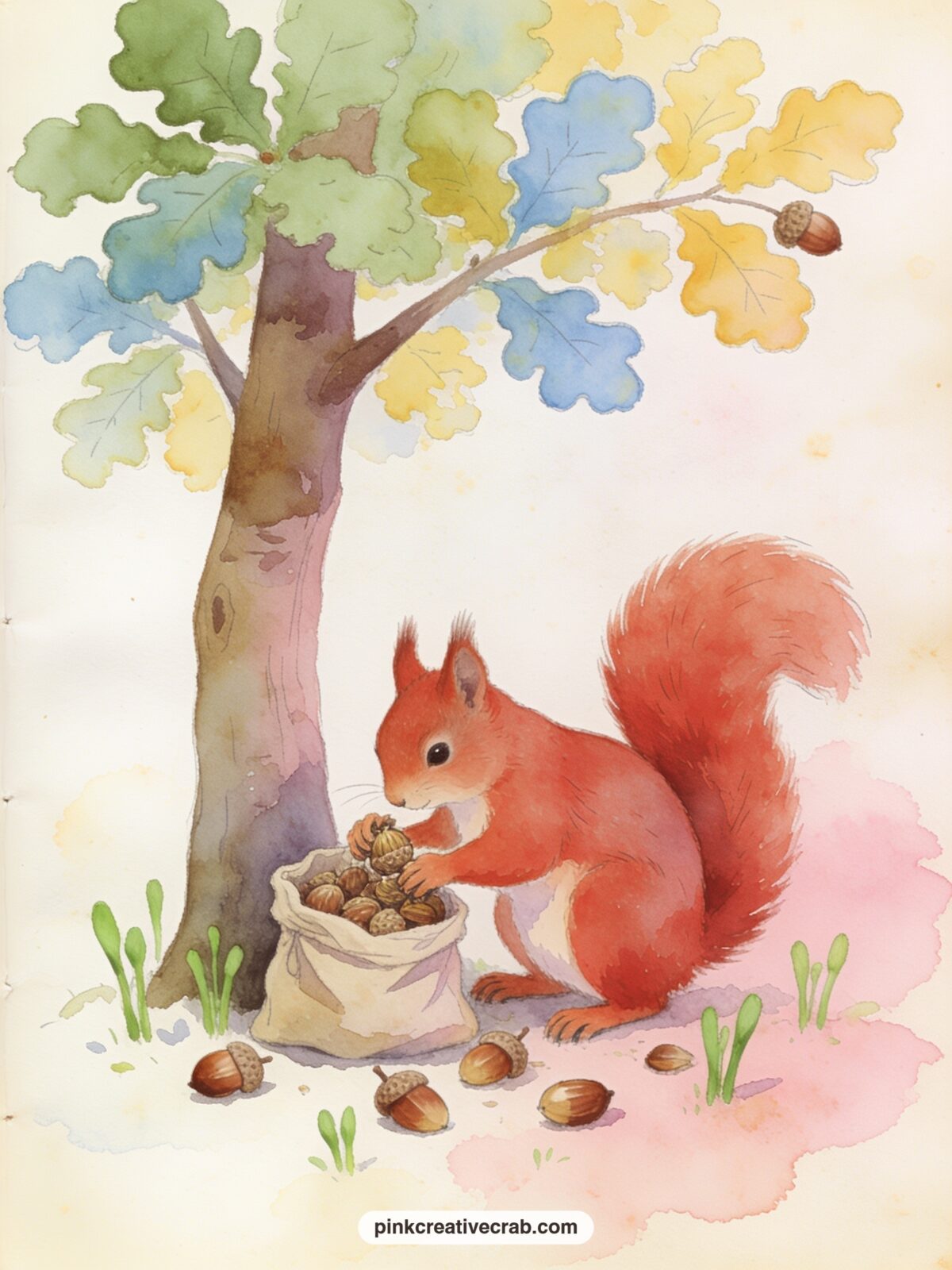 Squirrel Gathering Spring Seeds printable page — What is the first thing this new little one might plant or grow one day: write that single line beneath the
