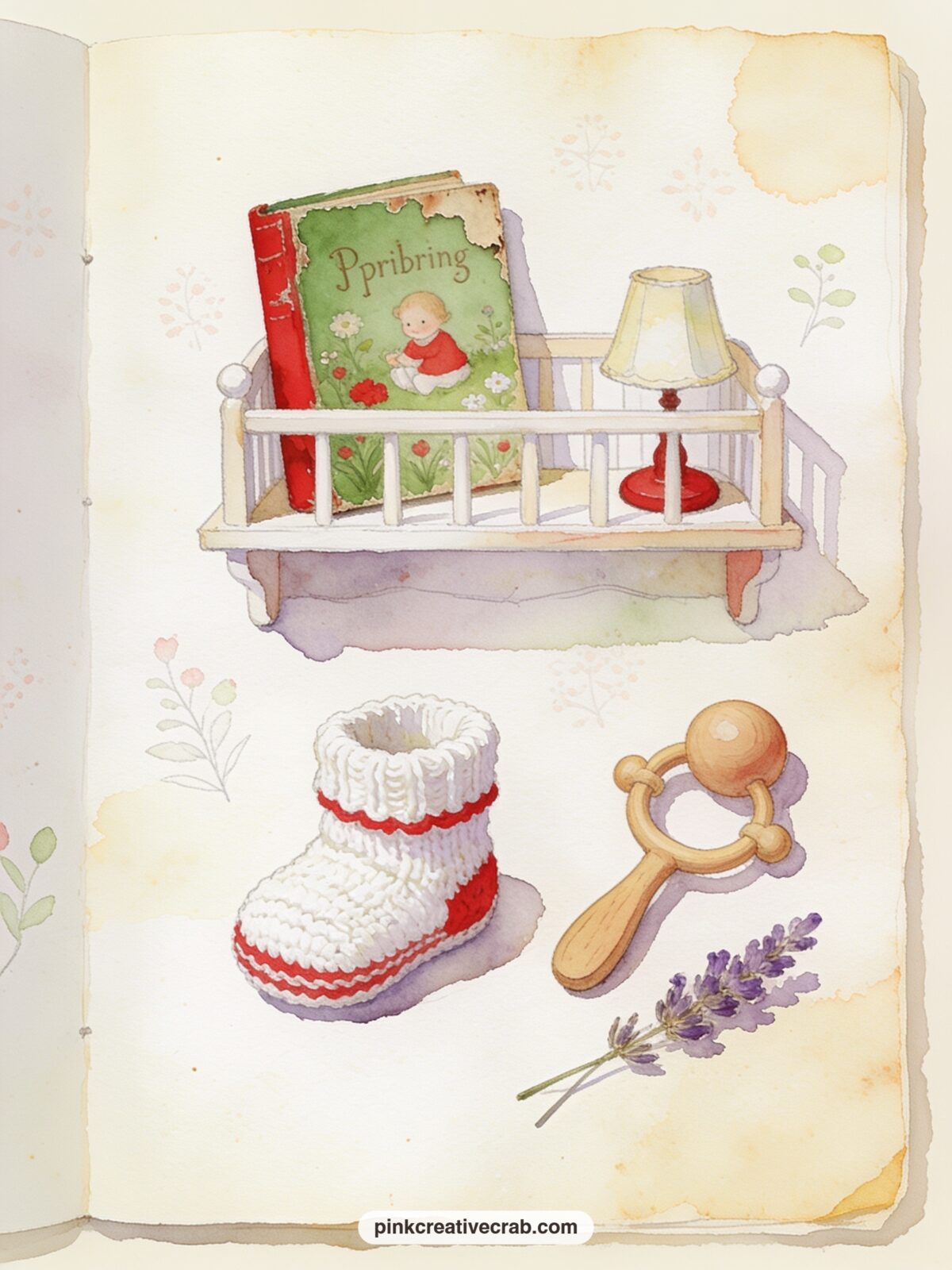 Nursery Shelf With Peter's Storybook printable page — A worn copy of a rabbit storybook leans against a small lamp on a nursery shelf, with a knitted bootie, a