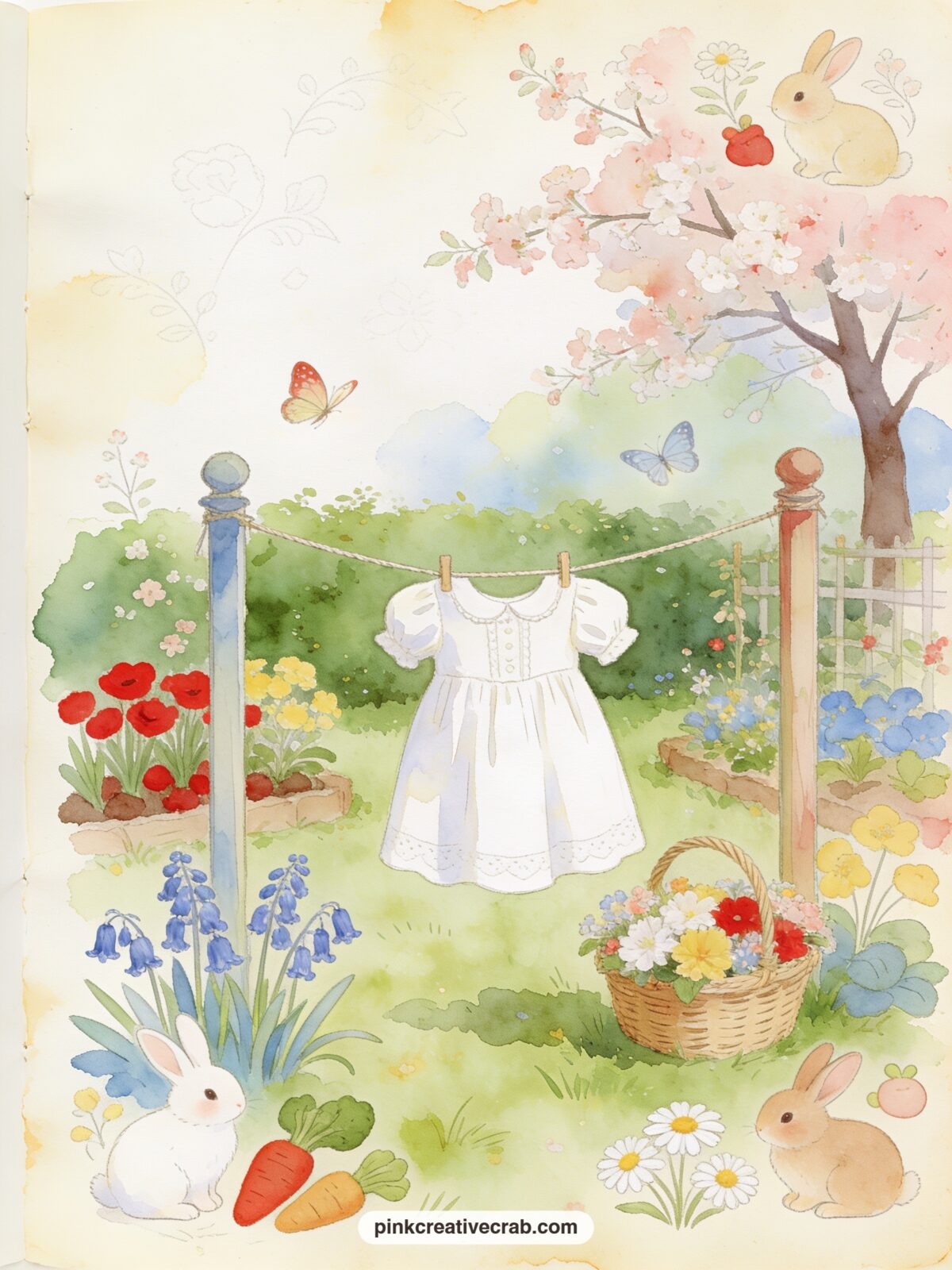 Christening Gown On A Garden Line printable page — Tea-stain just the bottom edge of this page before gluing it in, a faint warm line along the hem of the