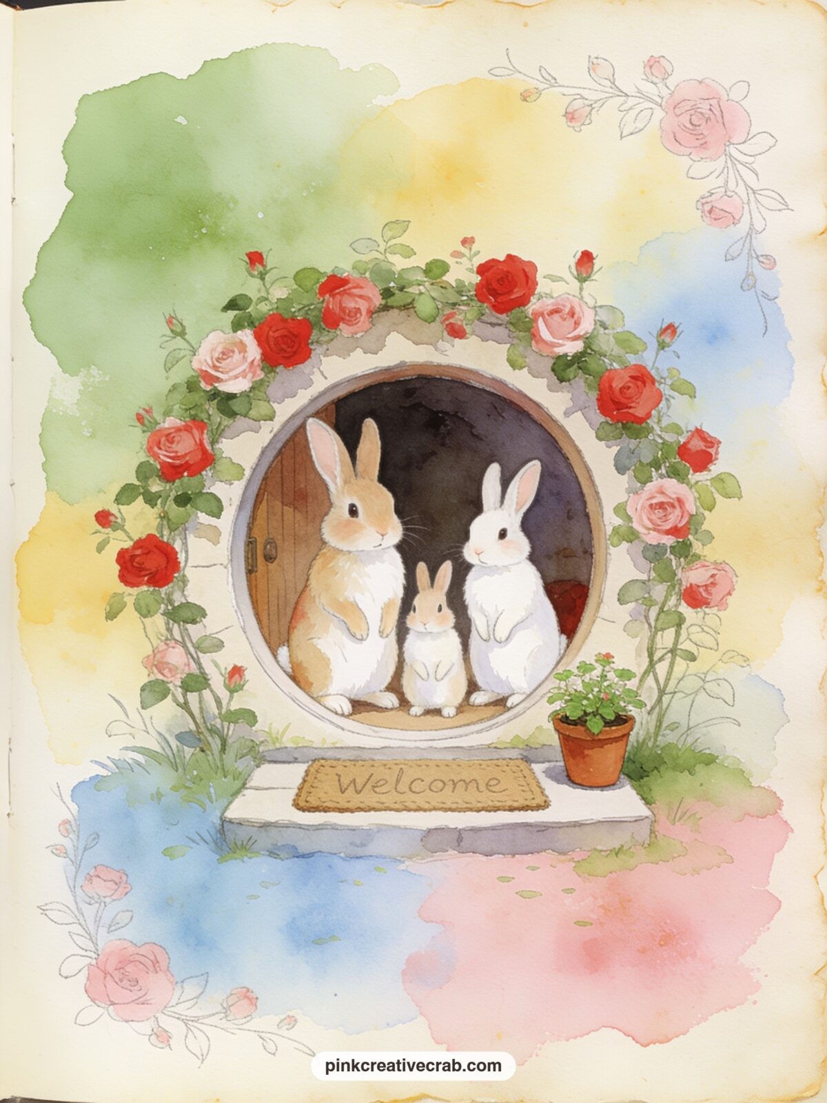 Rabbit Family Portrait In The Doorway printable page — Leave a small space along the bottom of this page for a printed family photo, since the doorway scene is