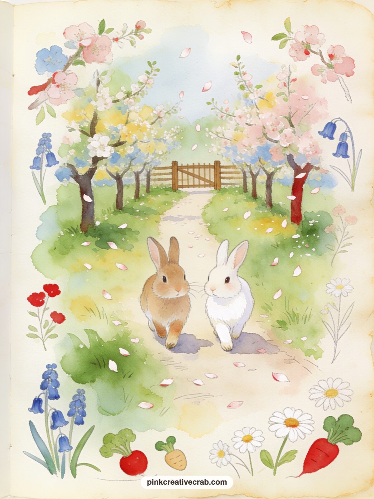 First Spring Walk Through The Orchard printable page — Keep this page for the five minute version of the kit: a quick wash of blossom pink and sage behind two