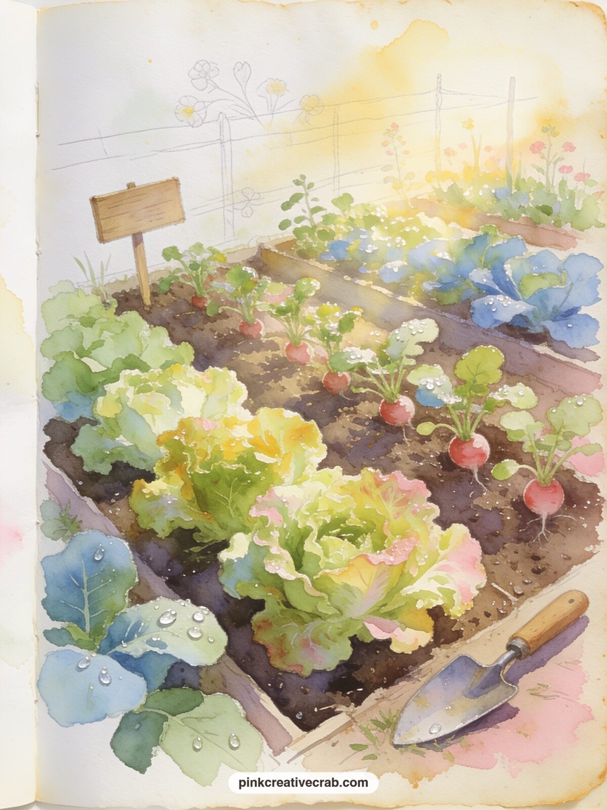 Lettuce Patch At Dawn printable page — Rows of tender lettuce and radish tops catch the early light in a tidy vegetable bed, with a small wooden sign, a trowel