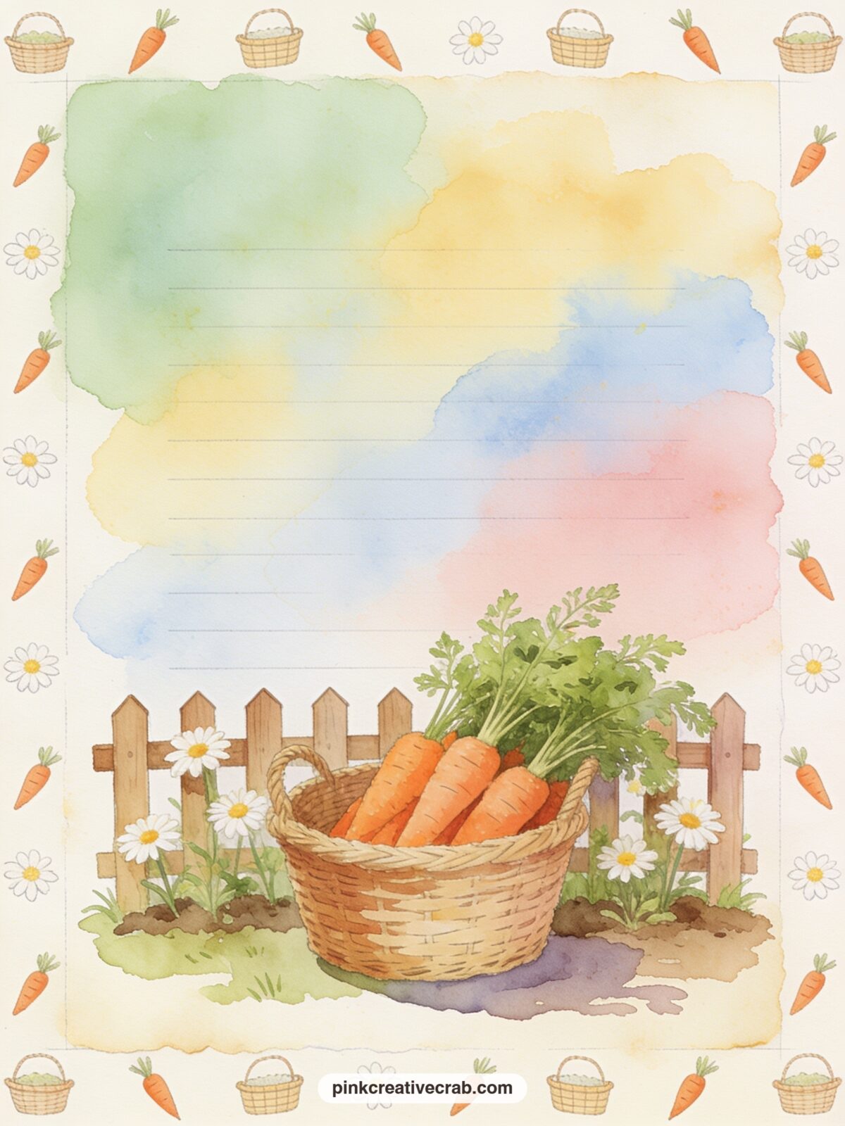 Carrot Harvest Basket By The Fence printable page — Place this scene beside the Daisies And Baby Carrots pattern page so the loose carrots in the basket echo