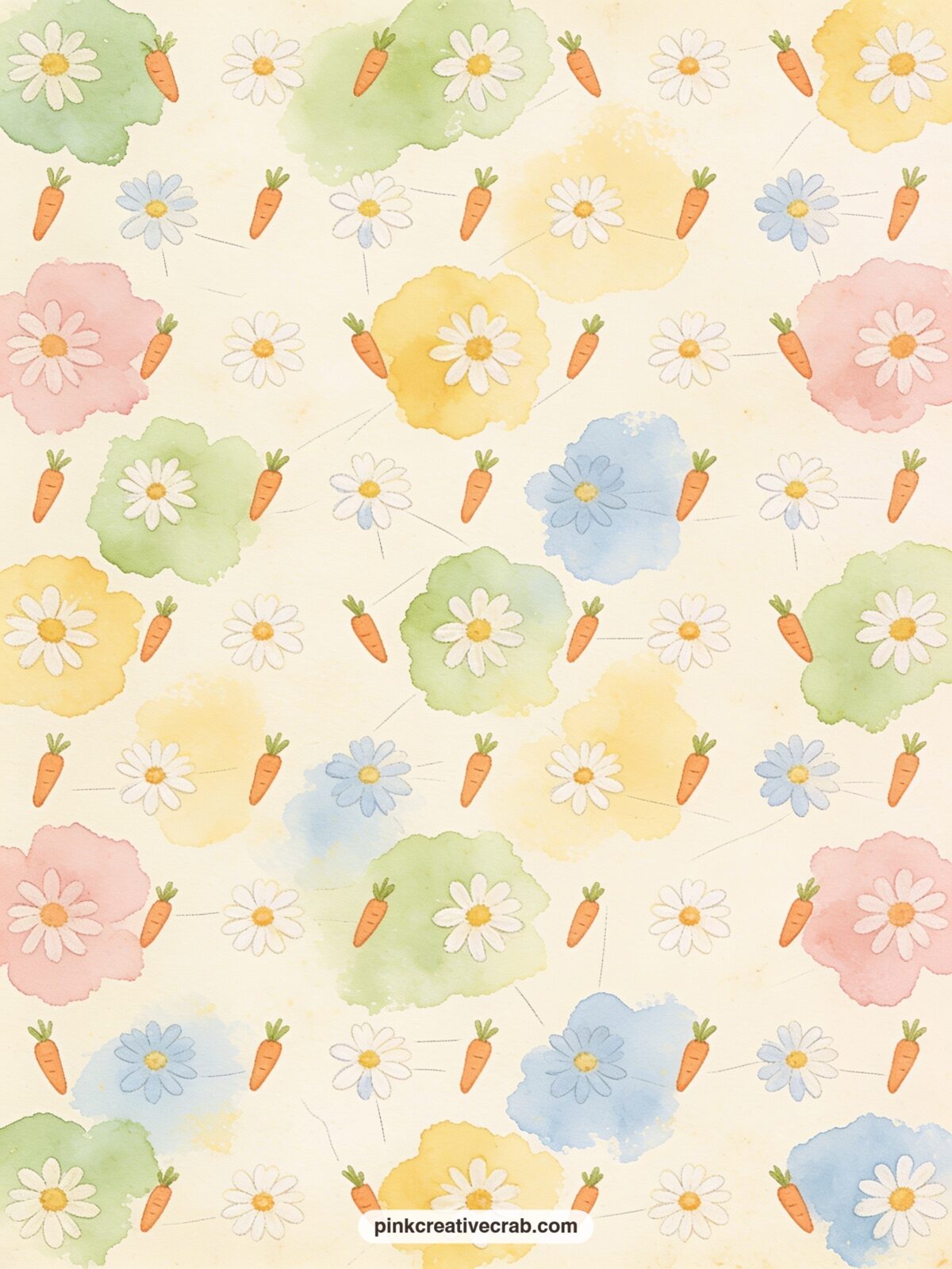 Daisies And Baby Carrots Pattern printable page — Small daisies and tiny baby carrots repeat in an all over pattern across the sheet, running edge to edge in