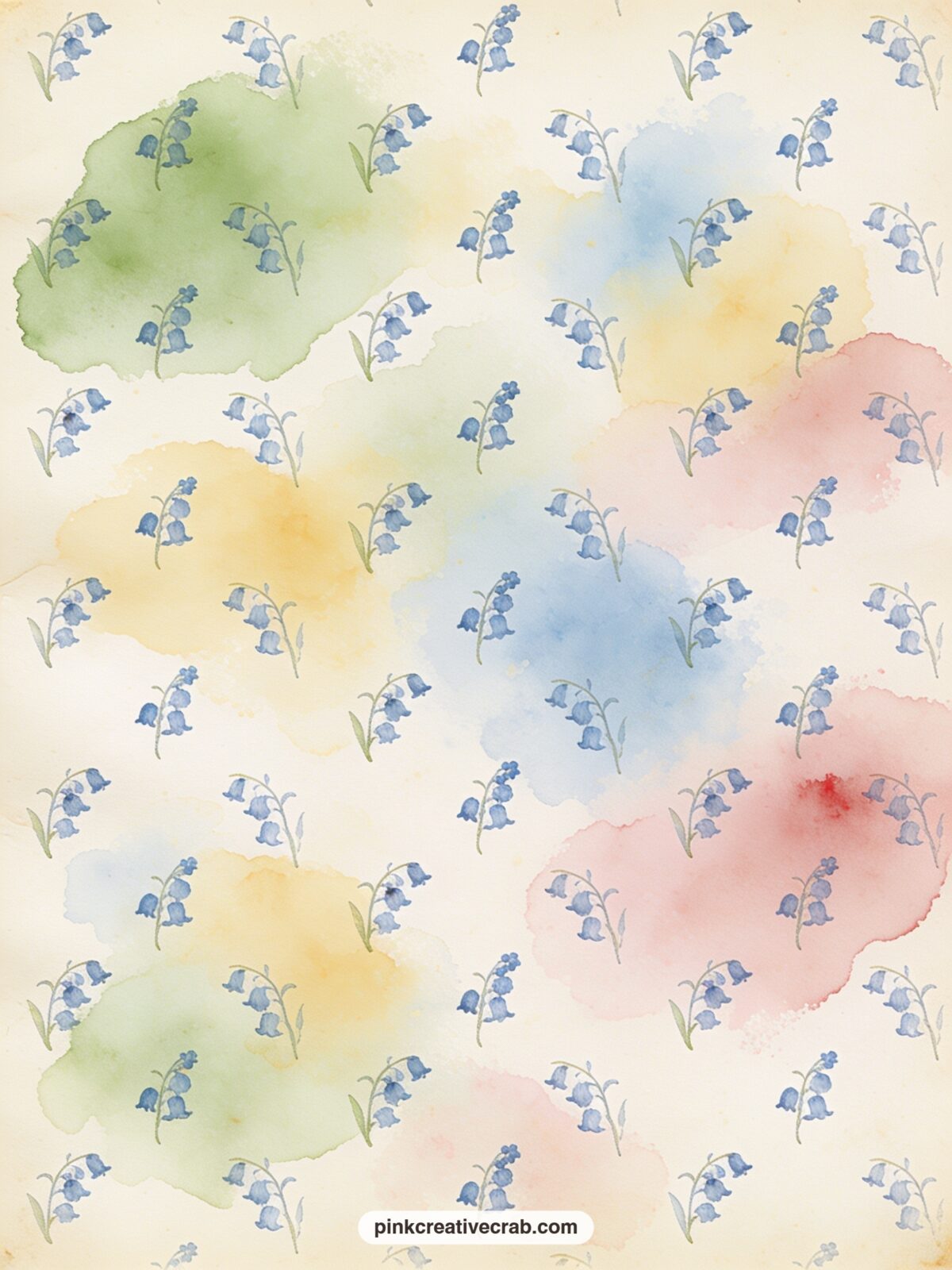 Bluebell Meadow Pattern printable page — Clusters of bluebells scatter evenly across the page in a soft repeating pattern, pale blue against cream, ready to