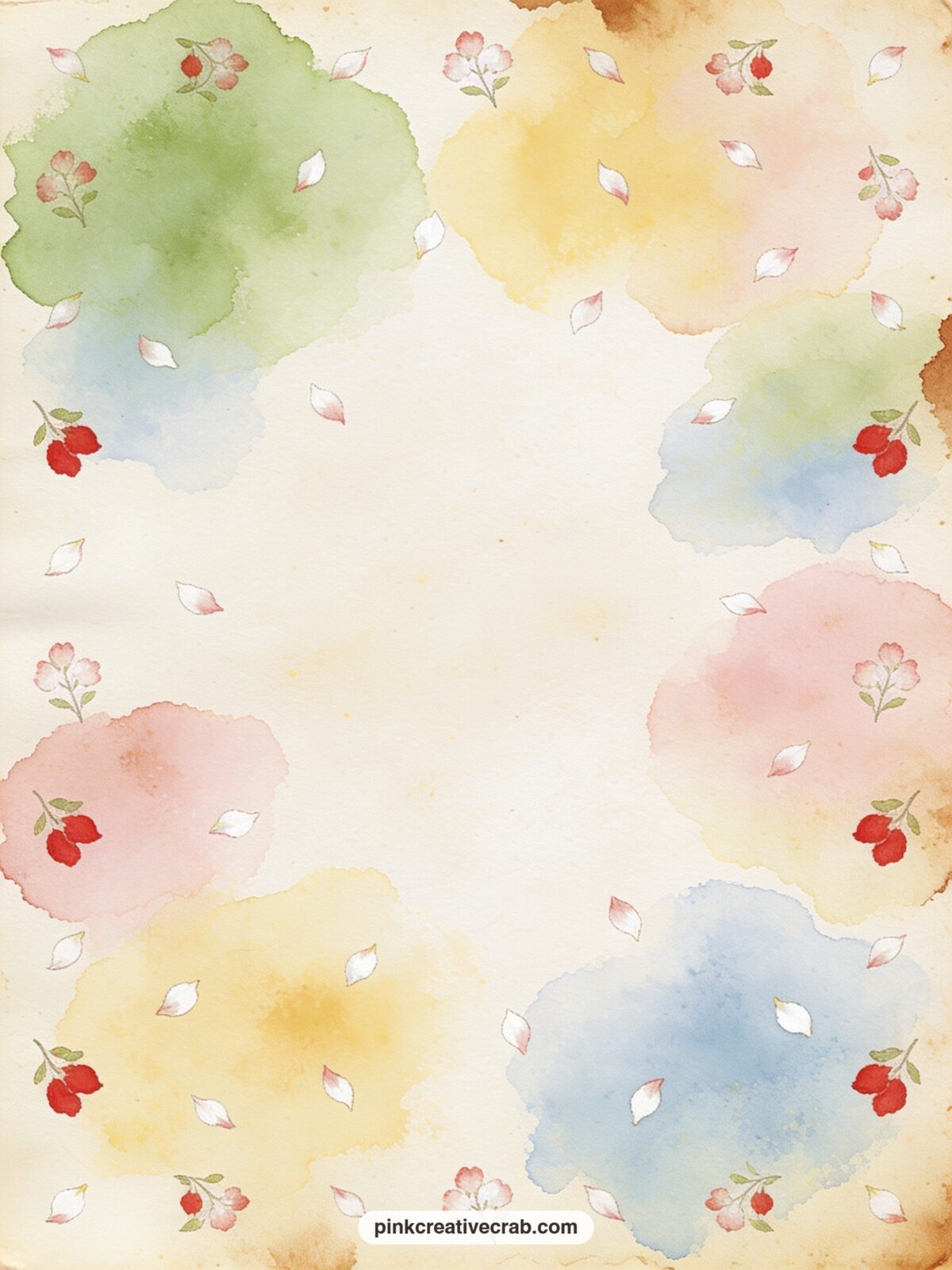 Blossom Petal Pattern printable page — Falling blossom petals drift in a loose repeating pattern from corner to corner, blush pink and sage, useful under a