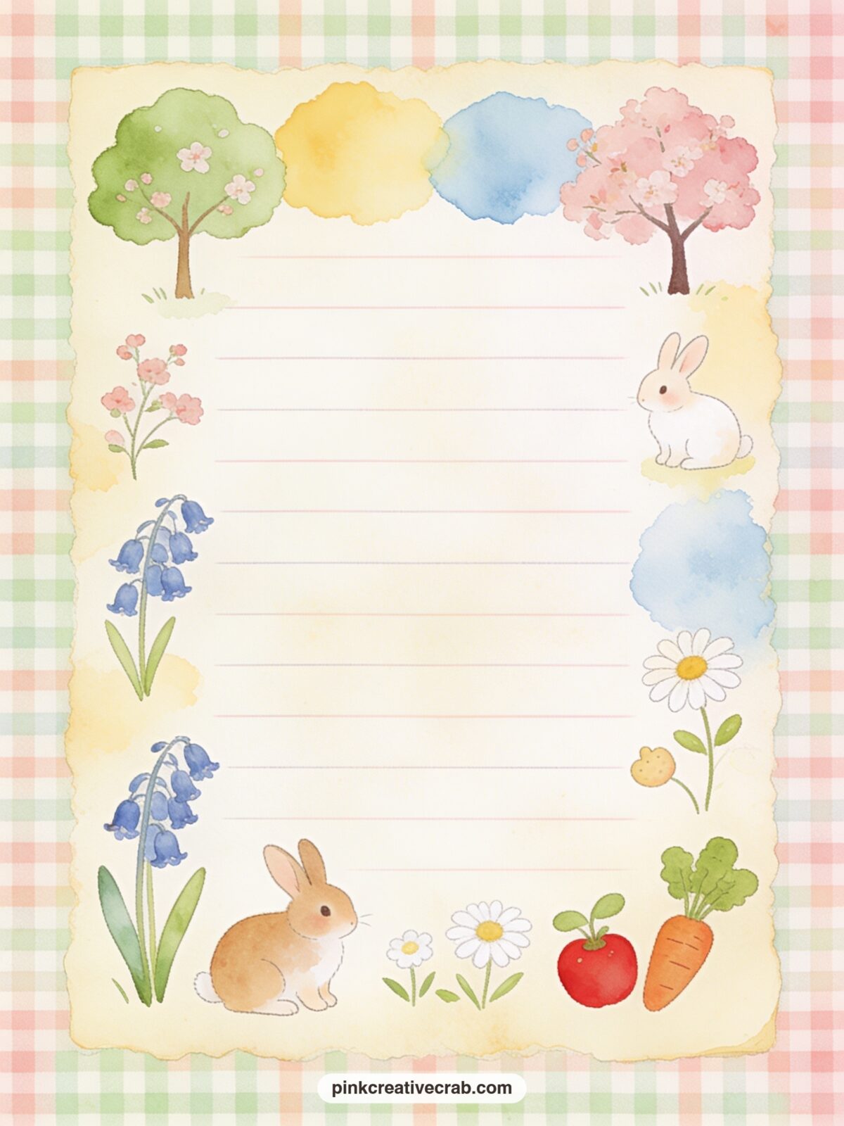 Gingham Picnic Blanket Pattern printable page — A soft gingham check repeats across the full sheet like the picnic blanket from the garden scenes, pale blue