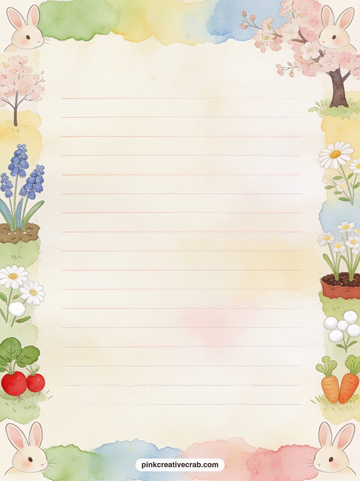Bunny Ears Border Lined Page printable page — A row of small bunny ears peeks up along the bottom border with soft ruled lines above for writing a gift list, a