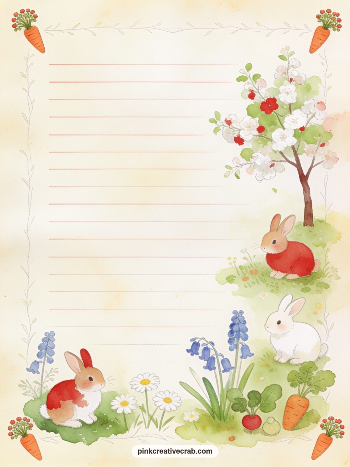 Carrot Top Corner Lined Page printable page — Carrot tops cluster in each corner around faint ruled lines, suited to a planting record, a list of first foods