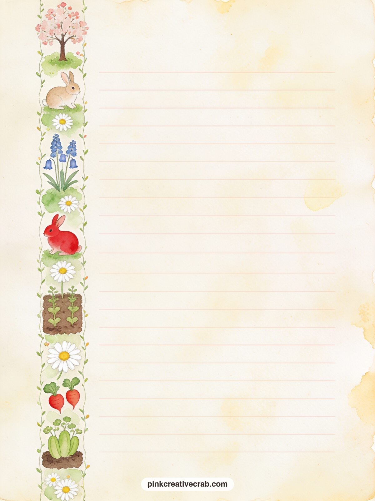 Daisy Chain Lined Page printable page — A daisy chain runs along one side of the page like a painted ribbon, leaving ruled lines free in the middle for a