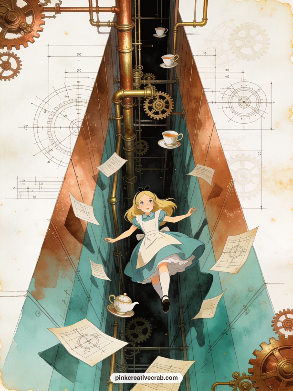 Alice Falling Through Gearwork printable page — Alice tumbles past a shaft lined with brass pipework, floating teacups and drifting pages of a torn blueprint