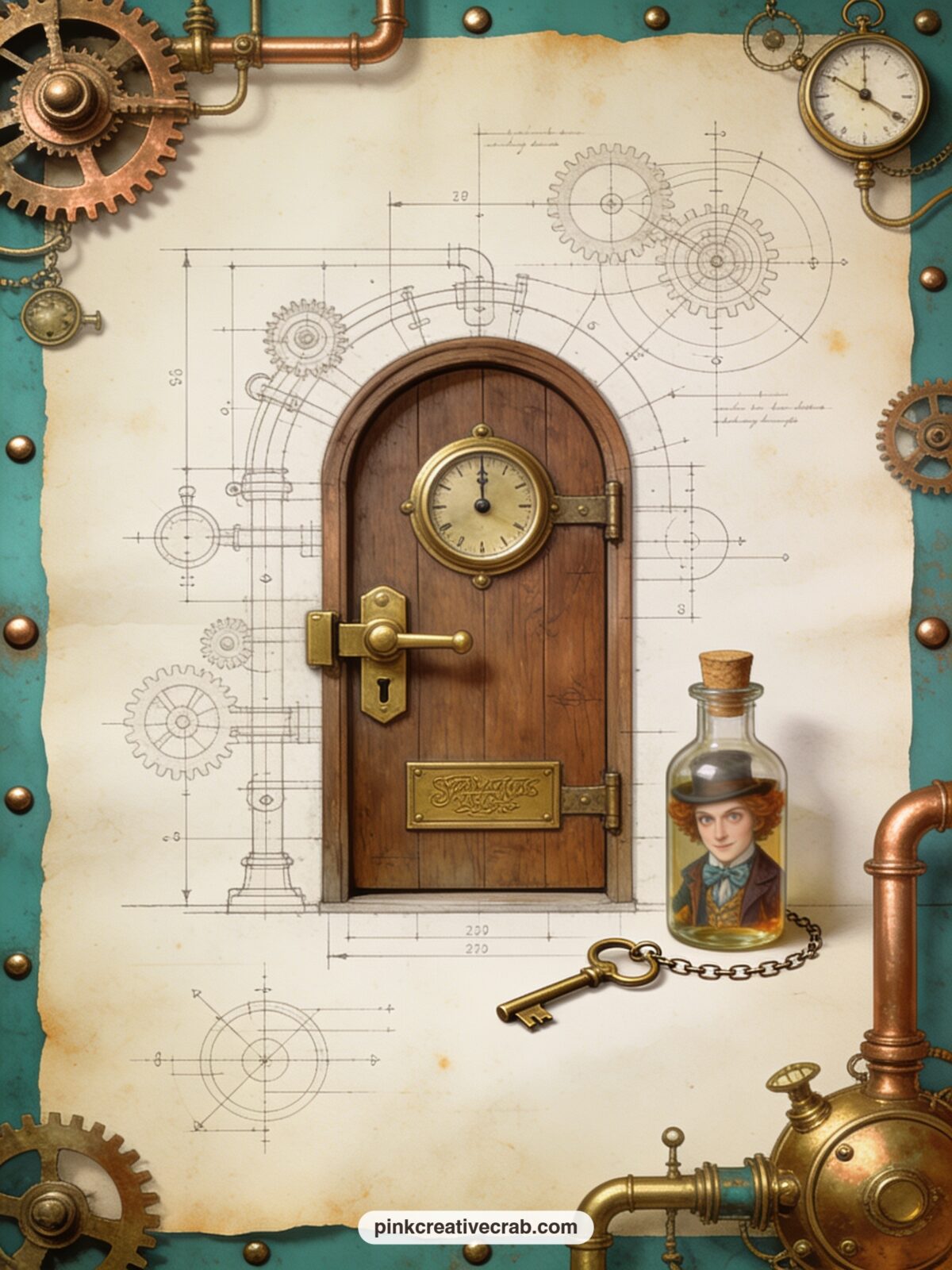 Door With Brass Keyhole Mechanism printable page — Pair this page with the Gears and Keys Pattern from the background section: use the pattern as a facing page