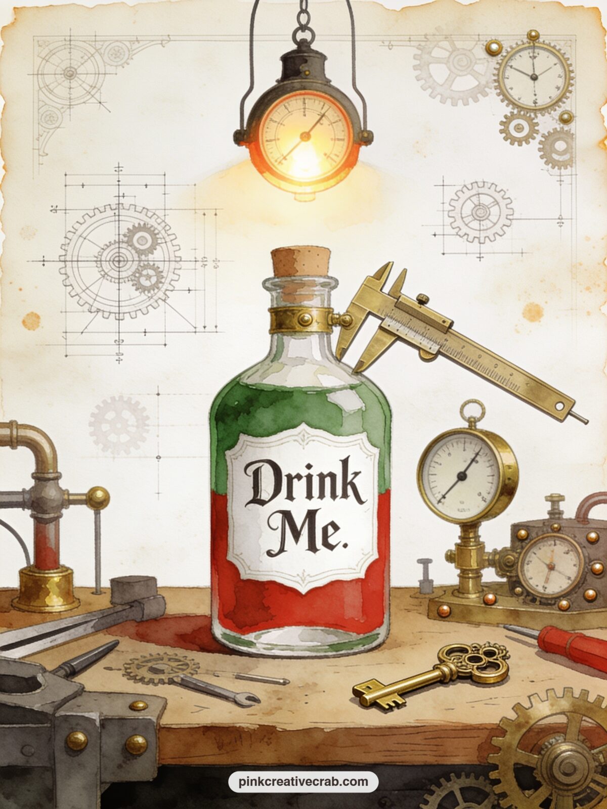 Drink Me Bottle Workshop printable page — A cluttered worktable holds the shrinking bottle alongside brass measuring tools, a pressure valve and a
