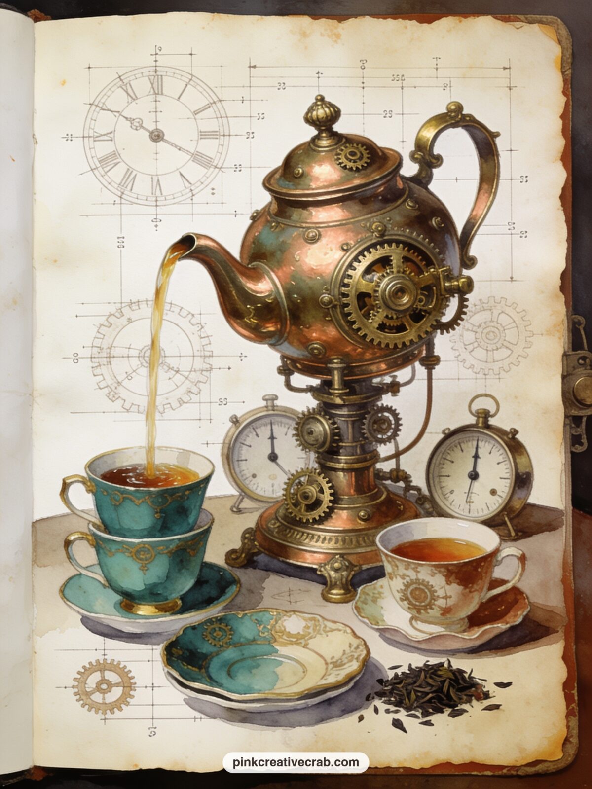 Mad Hatter's Gear-Driven Teapot printable page — Write the date of your own tea break in the blank steam curling from the spout, a small habit that turns this